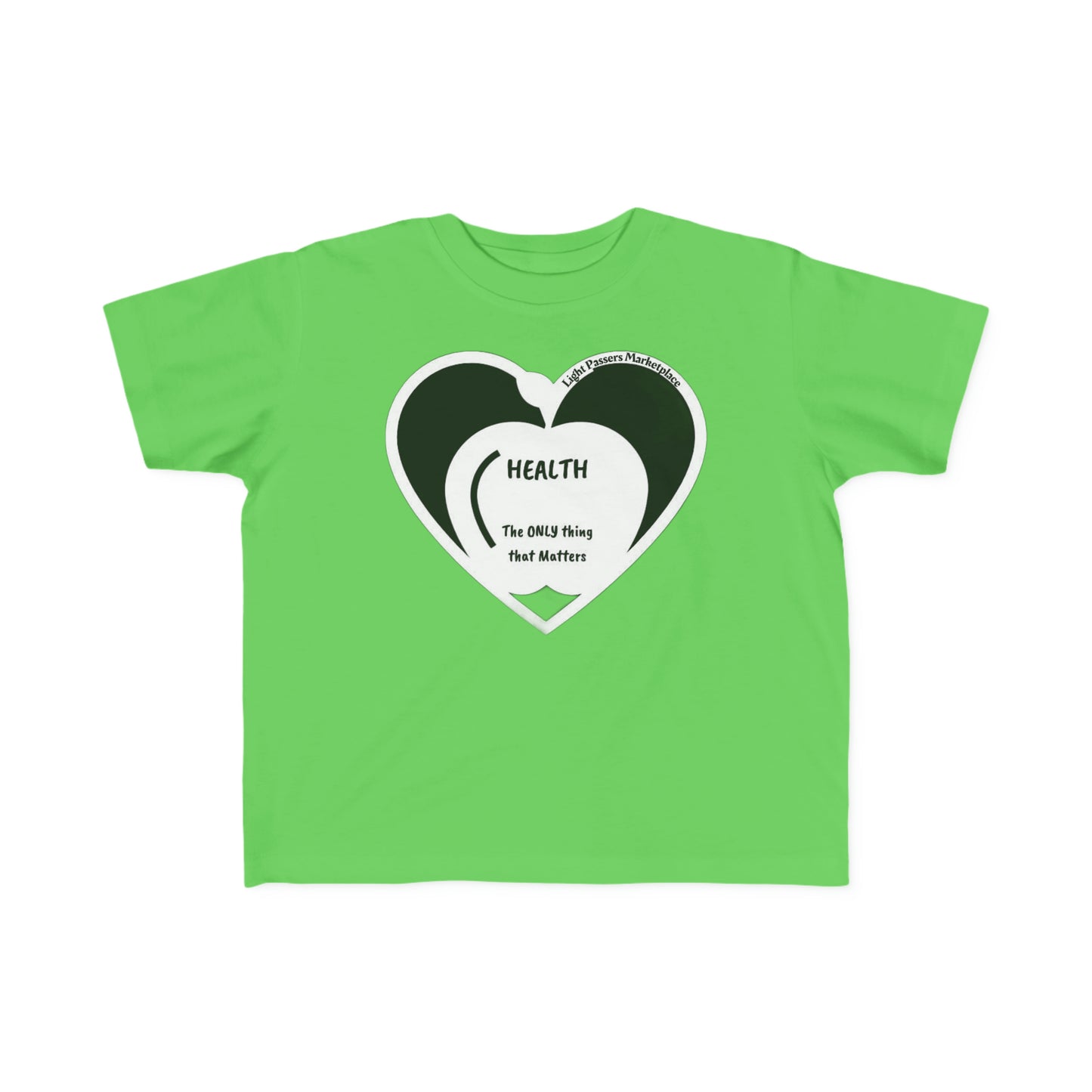 A green toddler tee with a heart and text design, made of soft 100% combed cotton. Durable print, light fabric, tear-away label, classic fit. Apple Health Toddler T-shirts for sensitive skin.