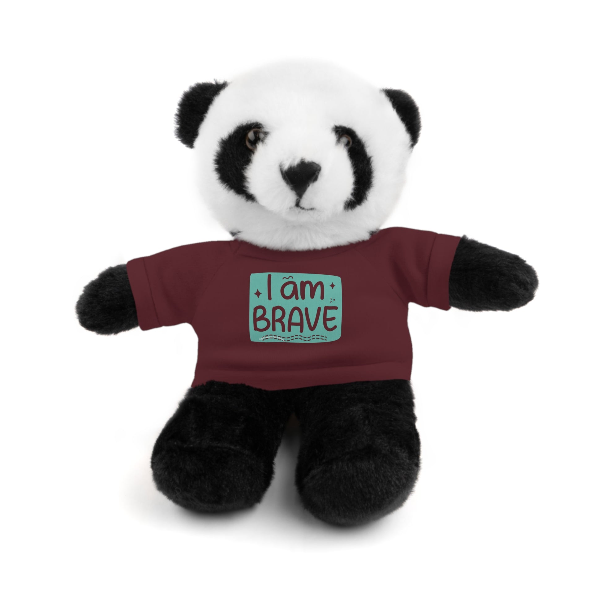 Stuffed panda bear wearing a removable tee with I am Brave message, part of Cool Stuff Stuffies collection, suitable for kids aged 3 and up.