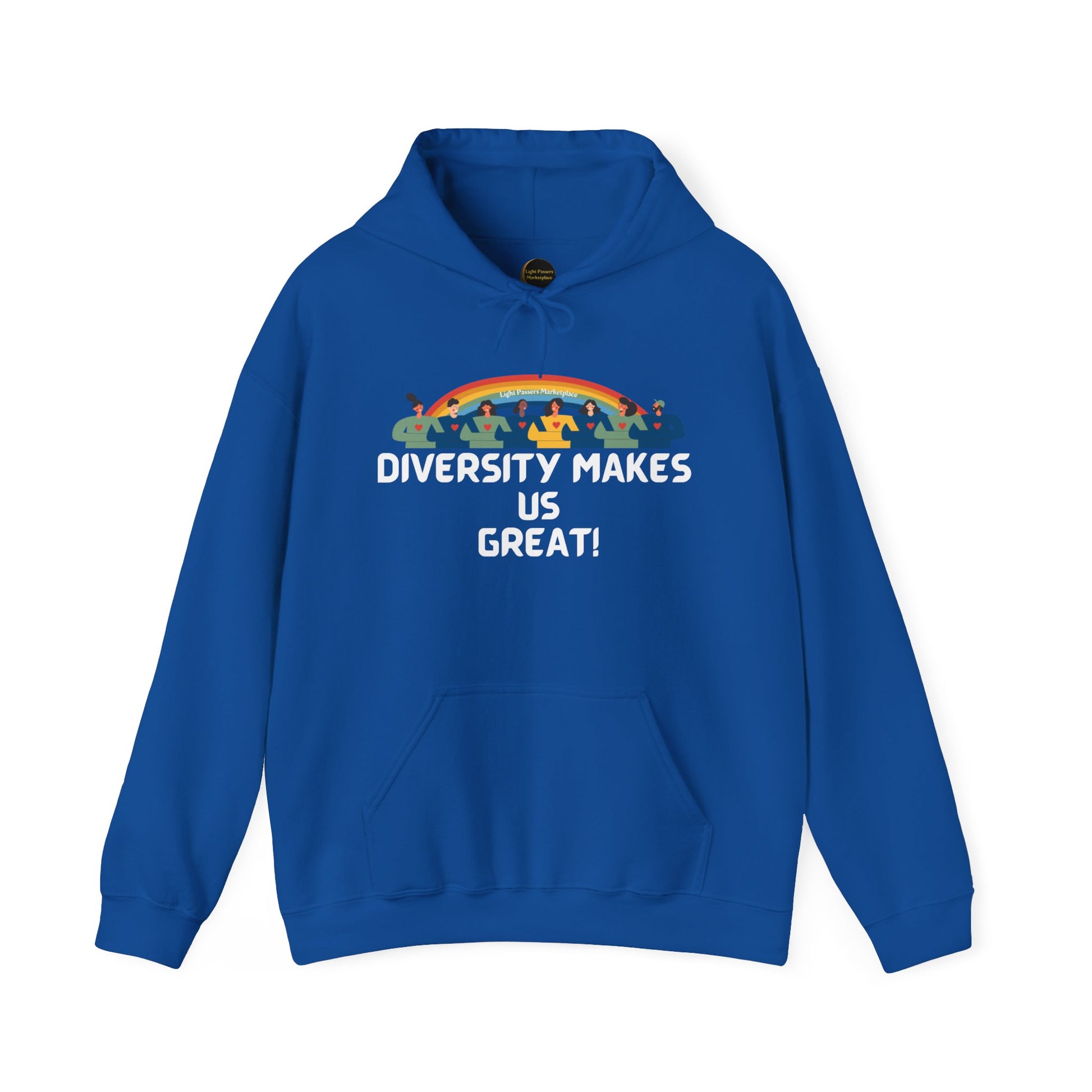 A blue unisex hooded sweatshirt with white text, featuring a kangaroo pocket and color-matched drawstring. Made of 50% cotton and 50% polyester for warmth and comfort.