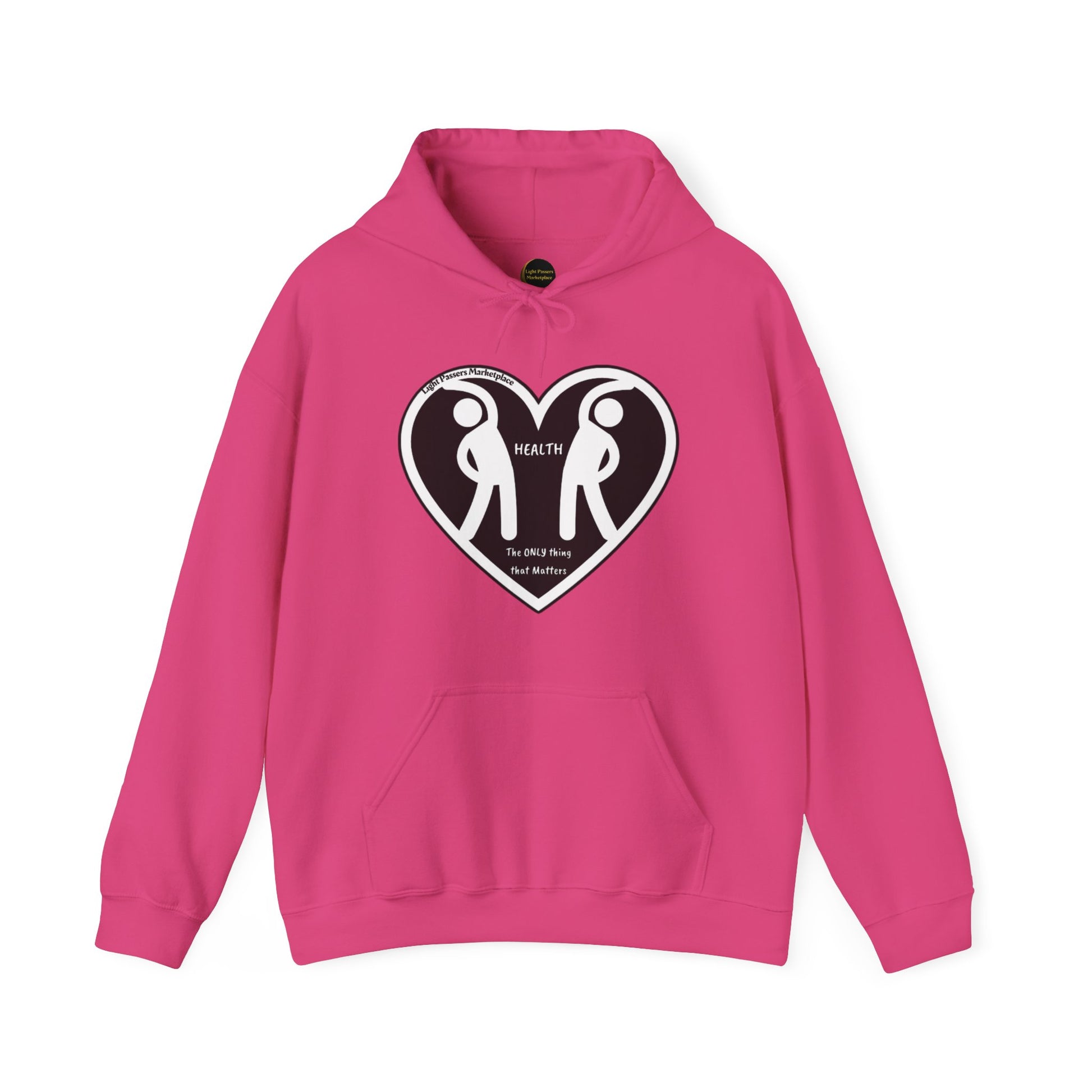 A pink sweatshirt featuring a heart and two people, embodying comfort with a cotton-polyester blend. Includes a kangaroo pocket and color-matched drawstring for style and practicality.