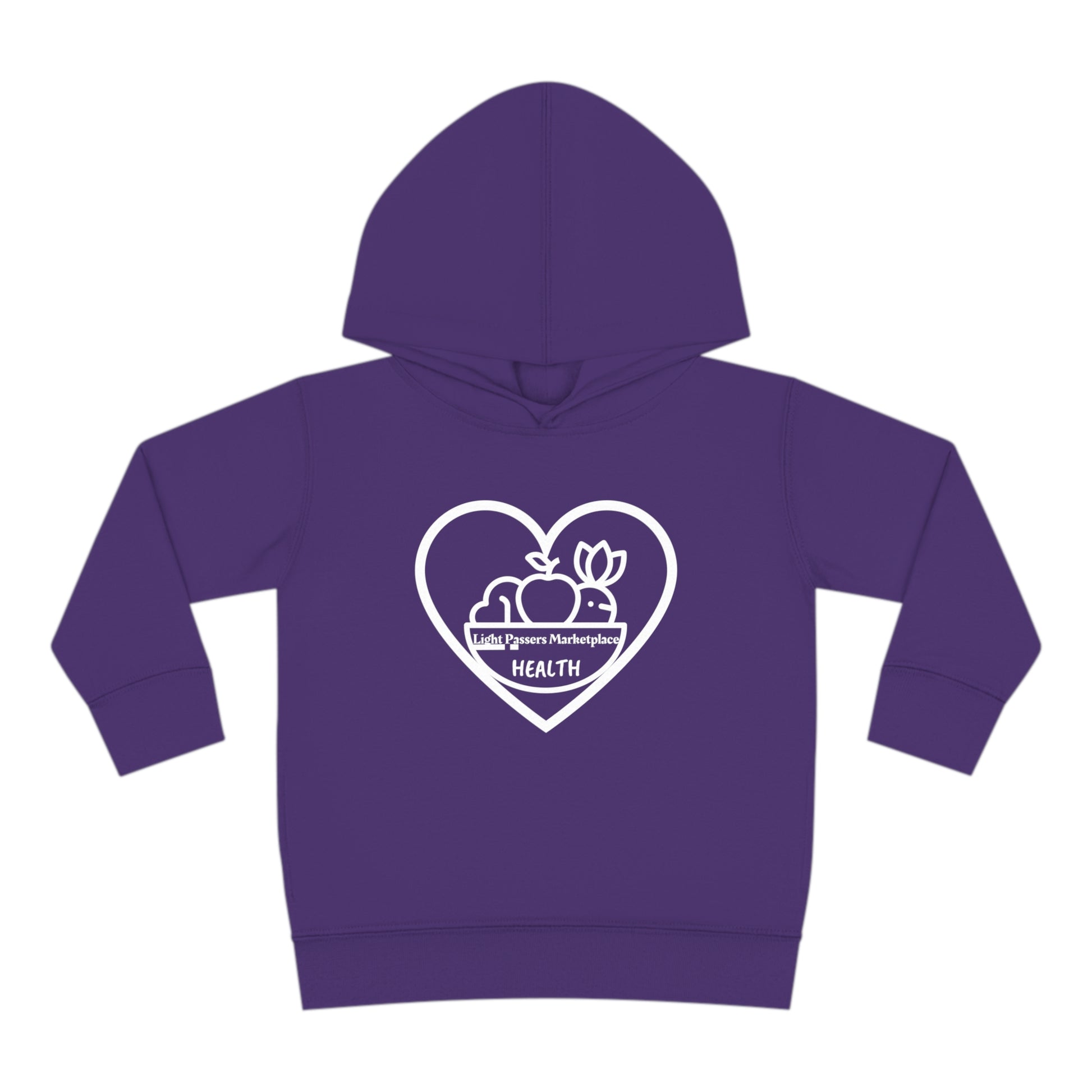 A toddler hoodie featuring a heart, apples, and a bird logo. Jersey-lined hood, side-seam pockets, and durable stitching for lasting coziness. Fruit Basket Toddler Hoodie for comfort and style.
