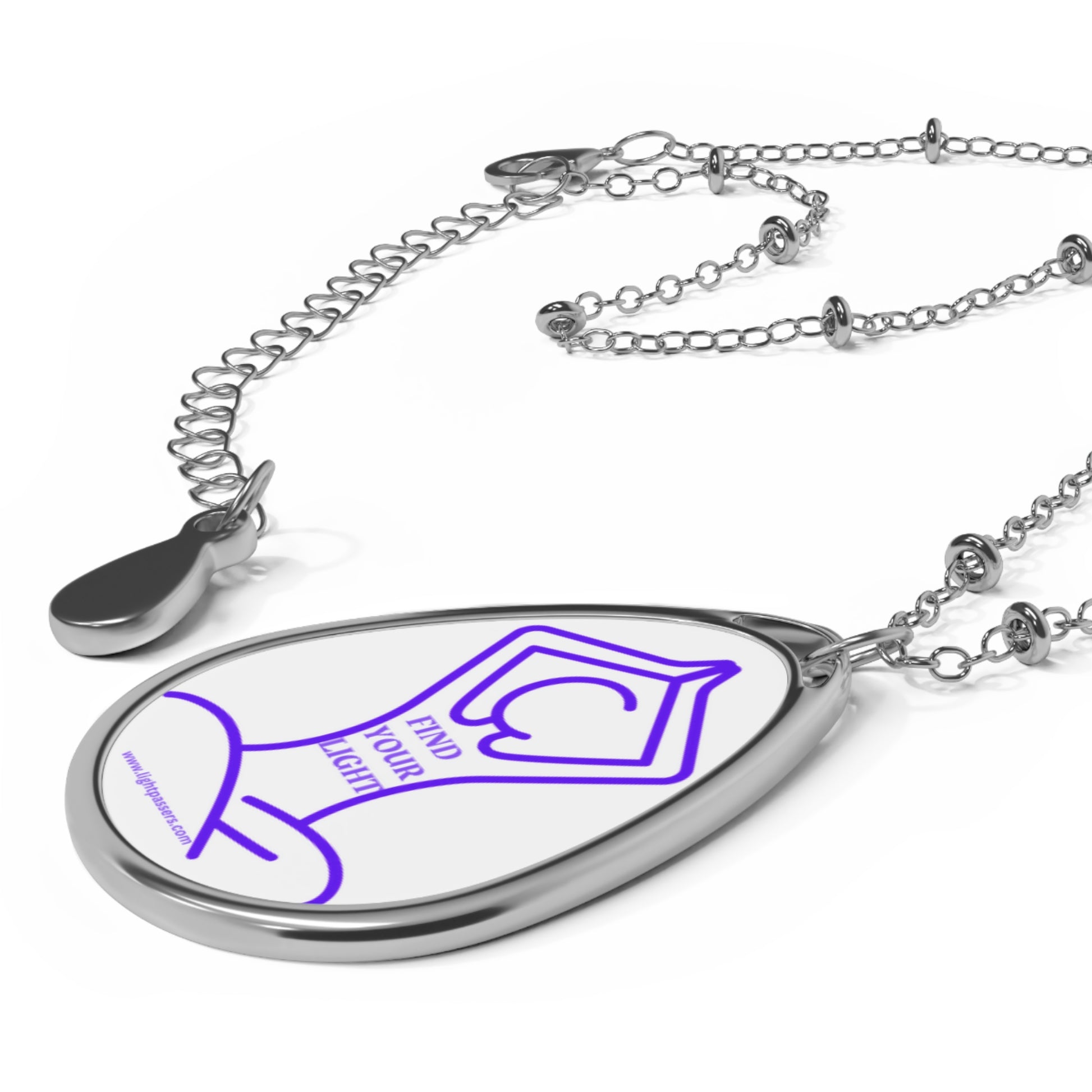 Silver necklace with yoga-themed pendant featuring 'Find Your Light' text, perfect for mindfulness enthusiasts. Customizable ellipse shape with secure lobster clasp closure.