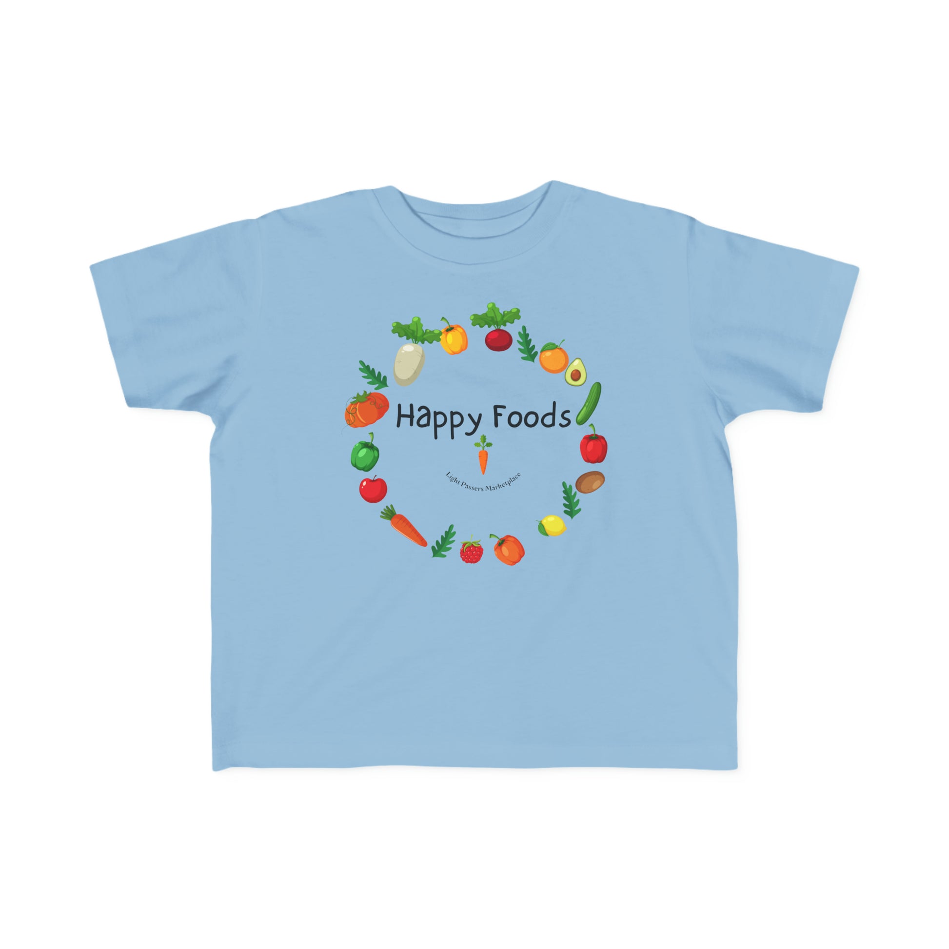 A blue toddler t-shirt with a logo of a carrot, perfect for sensitive skin. Made of 100% combed cotton, light fabric, durable print, tear-away label, and a classic fit.