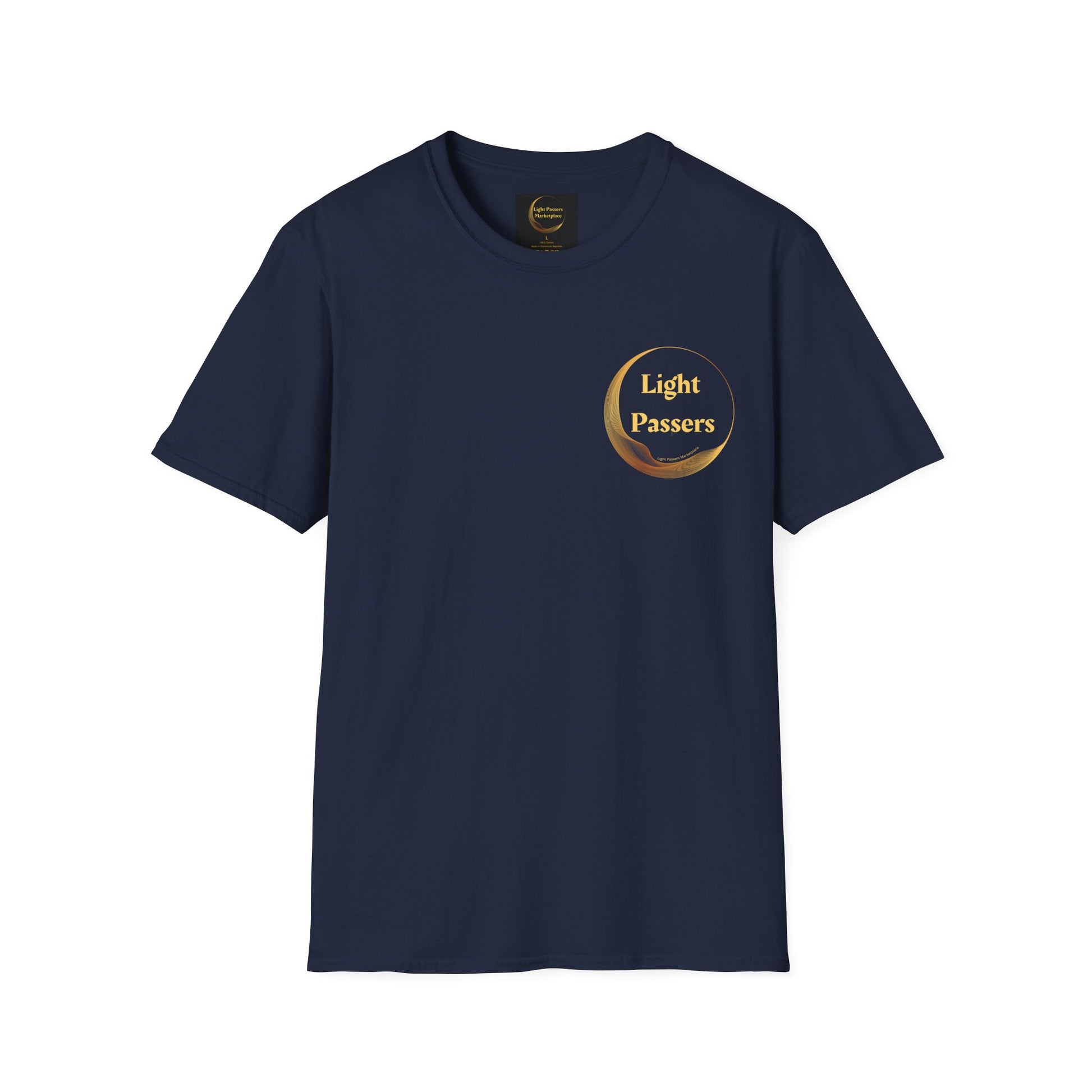 Unisex heavy cotton tee with logo on front and mirror design on back. Smooth surface for vivid printing, no side seams, durable tape on shoulders. 100% cotton, classic fit, tear-away label.