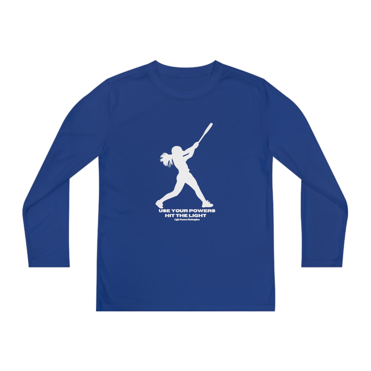 Youth long sleeve shirt featuring a white silhouette of a girl swinging a bat. Made of 100% moisture-wicking polyester with an athletic fit and tear-away label. Ideal for active kids.