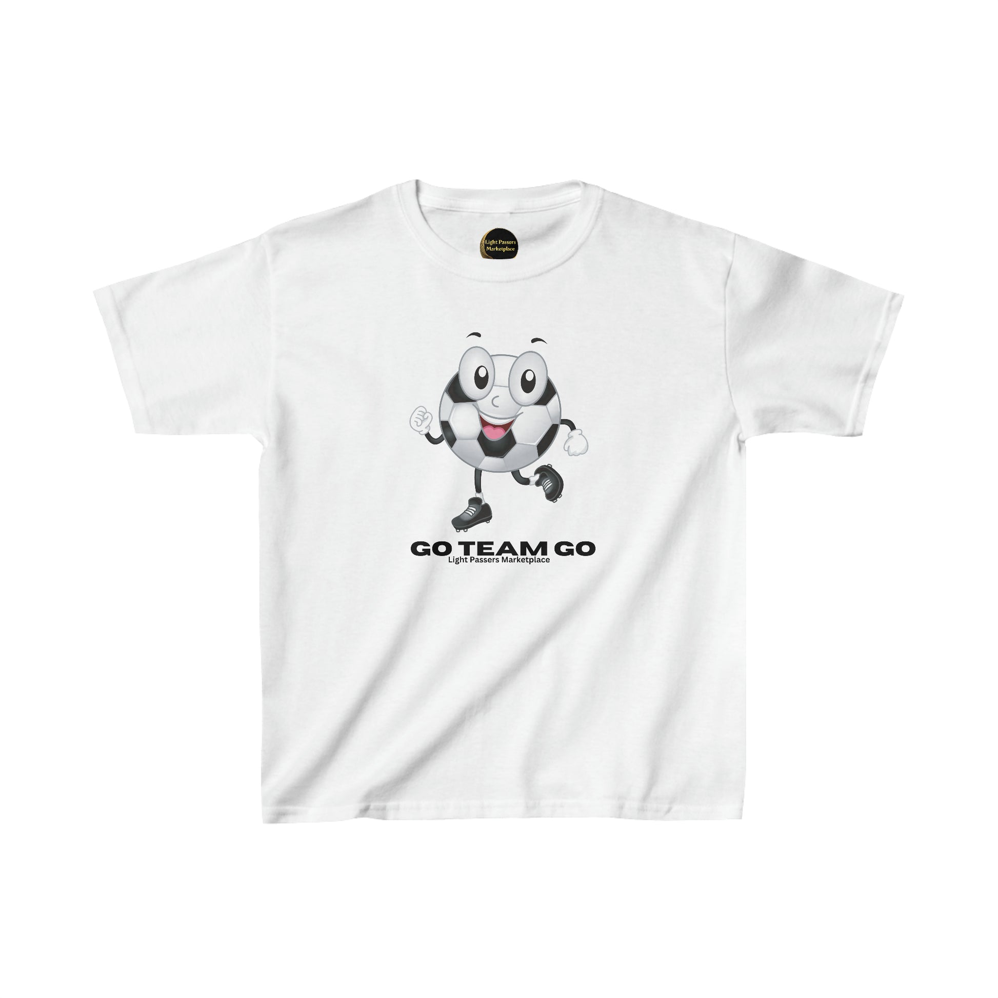 Youth white t-shirt featuring a cartoon soccer ball character, made of 100% cotton for comfort and durability. Classic fit with tear-away labels for a seamless experience. Ethically sourced US cotton.