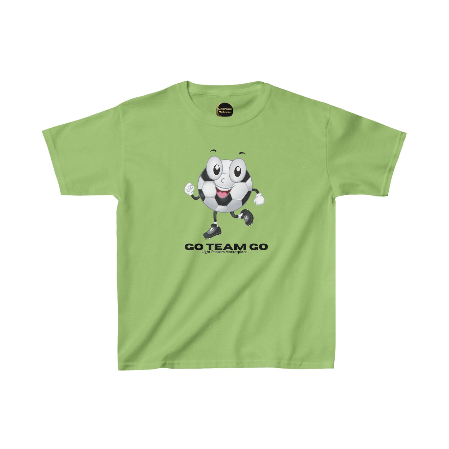 A youth t-shirt featuring a cartoon soccer ball character, made of 100% cotton with twill tape shoulders for durability and a curl-resistant collar. Ethically sourced and Oeko-Tex certified for quality.