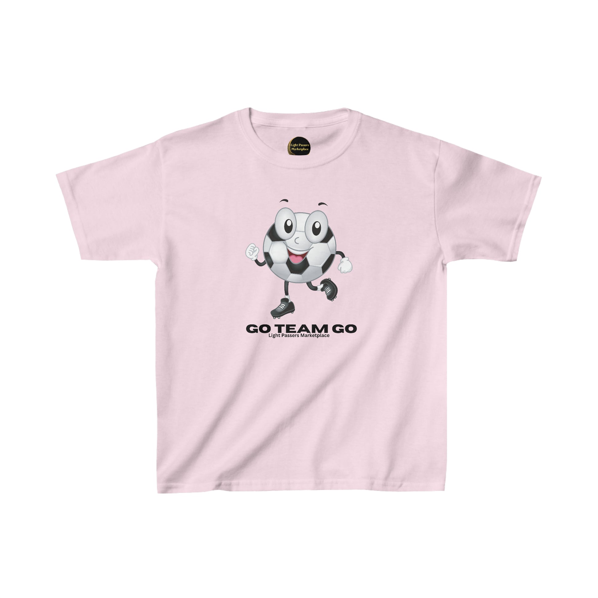 A pink youth t-shirt featuring a cartoon soccer ball character, made of 100% cotton for comfort and durability. Classic fit with tear-away labels, ideal for everyday wear.