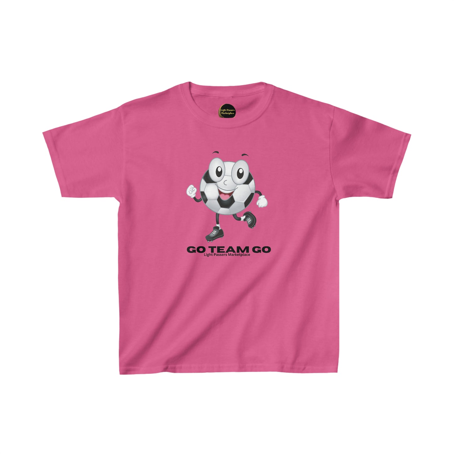 Youth pink t-shirt featuring a cartoon soccer ball character with a face, mouth, and black shoes. Made of 100% cotton with twill tape shoulders for durability and ribbed collar for curl resistance.