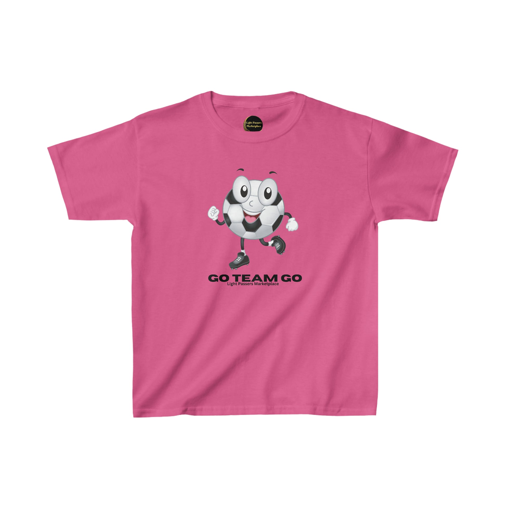 Youth pink t-shirt featuring a cartoon soccer ball character with a face, mouth, and black shoes. Made of 100% cotton with twill tape shoulders for durability and ribbed collar for curl resistance.