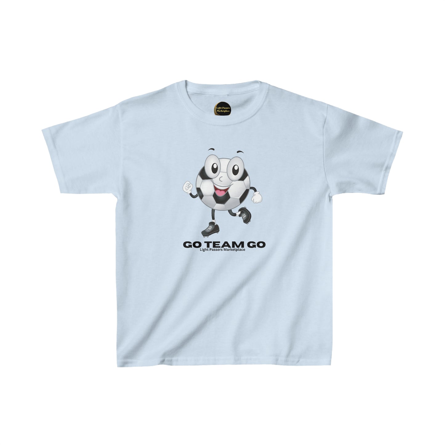 Youth t-shirt featuring a cartoon football ball character, made of 100% cotton for solid colors, with twill tape shoulders for durability and curl-resistant ribbed collar. Ethically sourced and Oeko-Tex certified.