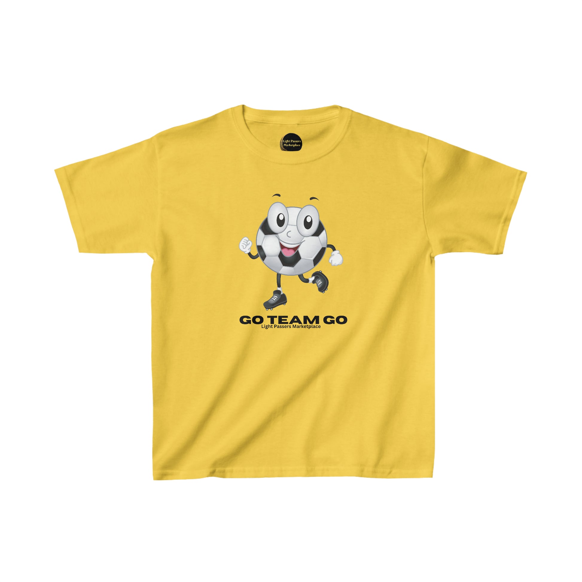 Youth Soccer Ball Guy T-shirt: Yellow tee with cartoon football ball character. 100% cotton, durable twill tape shoulders, ribbed collar, tear-away labels, ethically made with US cotton.