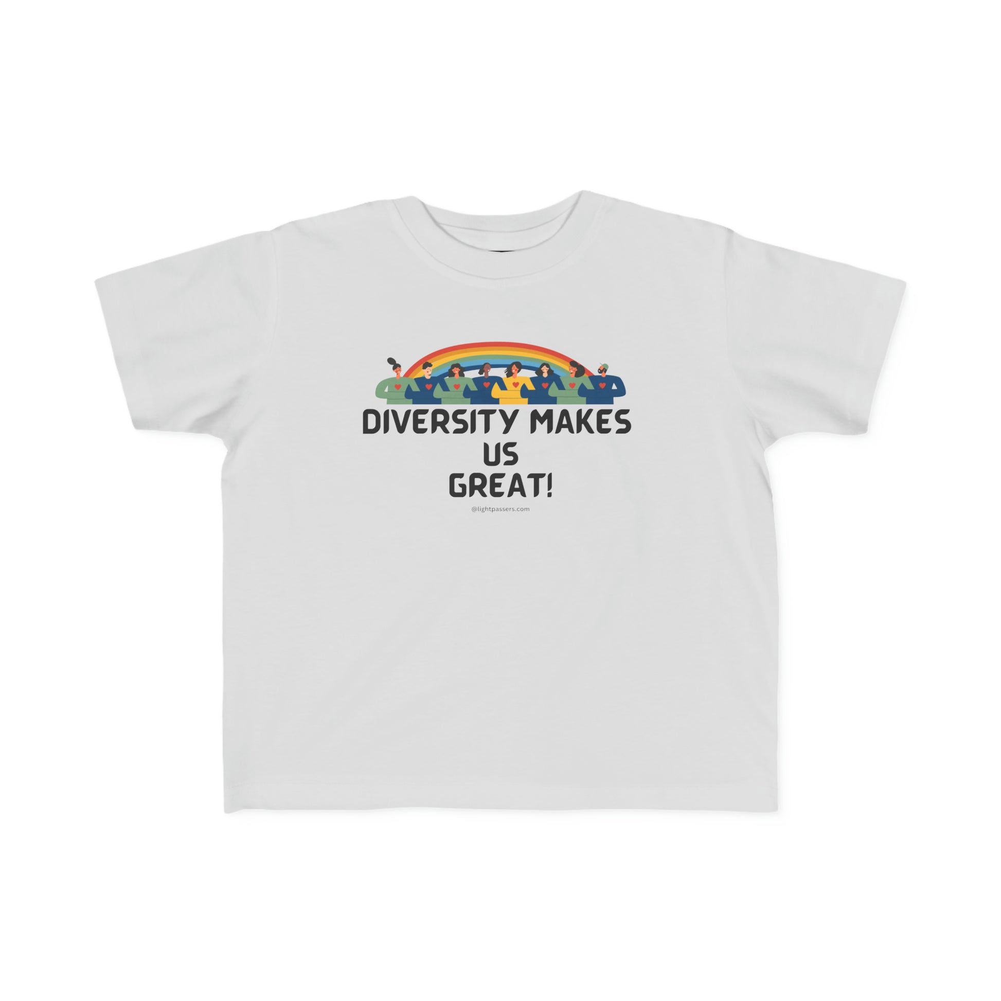 A toddler's white tee featuring a diverse group of people graphic. Soft 100% combed cotton, 4.5 oz/yd² fabric, tear-away label, classic fit. Ideal for sensitive skin, true to size.