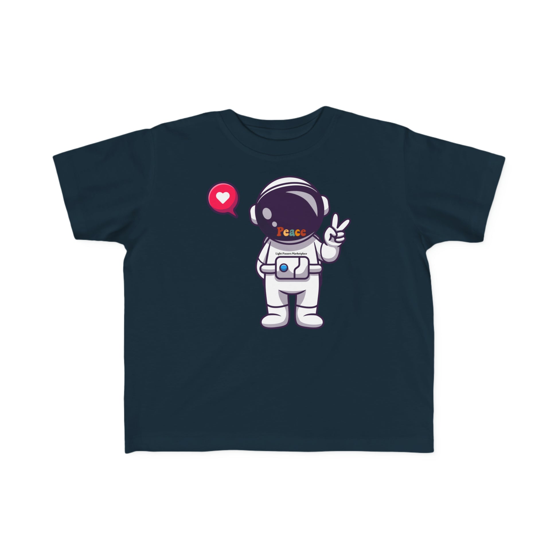 A toddler's tee featuring a cartoon astronaut making a peace sign. Soft, durable 100% combed cotton, light fabric, tear-away label, classic fit, true to size.