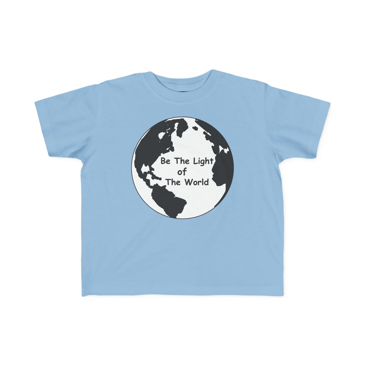 Light blue toddler T-shirt with crew neck and globe 'Be The Light Of The World' print