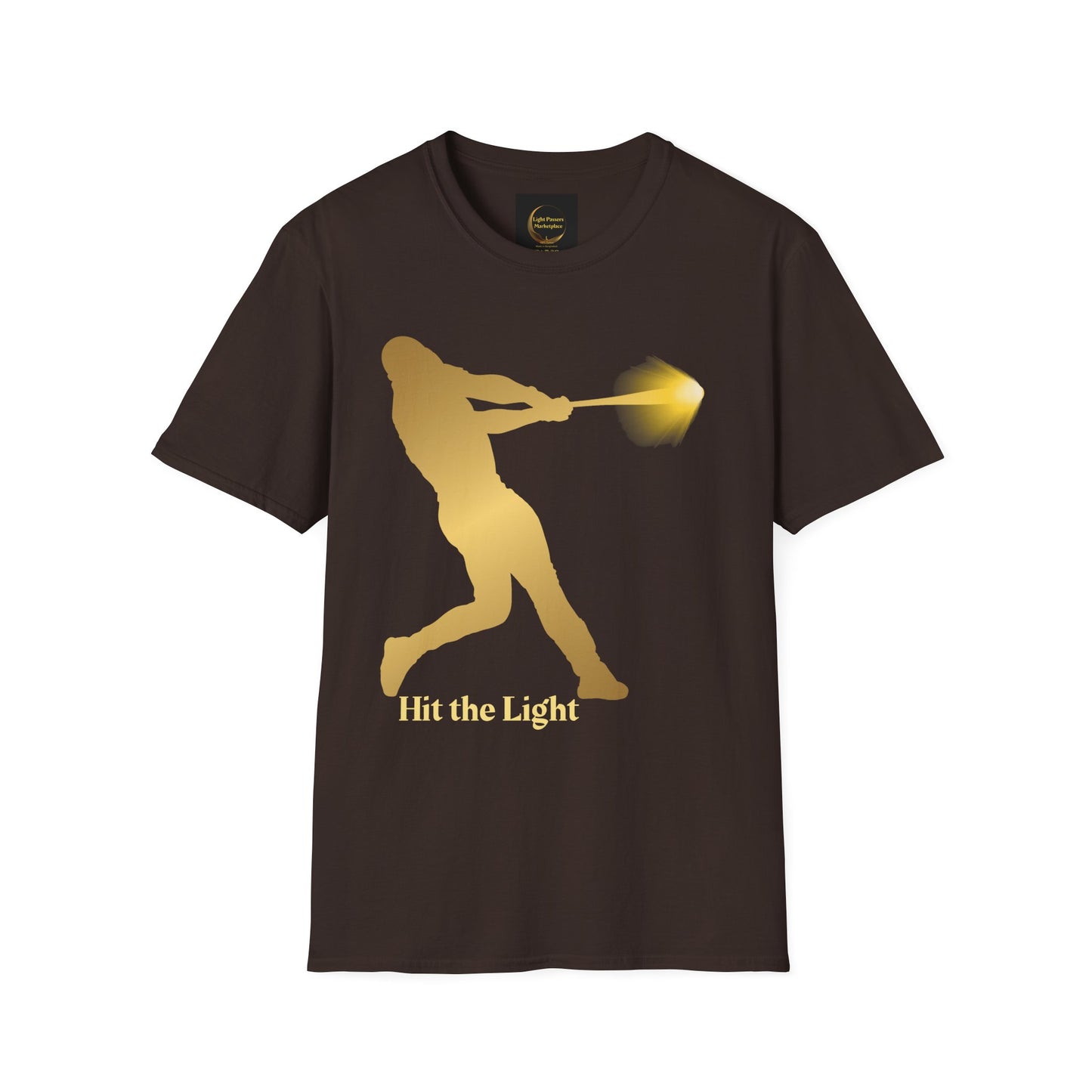 Adult Unisex Male Baseball Batter Silhouette T-Shirt — "Hit the Light" Gold or Black images