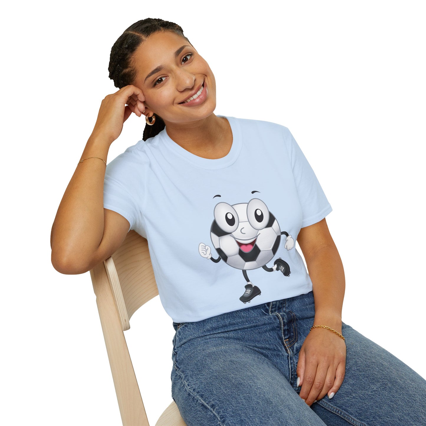 Adult Unisex Cute 'Go Team Go' Soccer T-Shirt — Soccer Ball Guy Cartoon SoccerTee (Great Gift)
