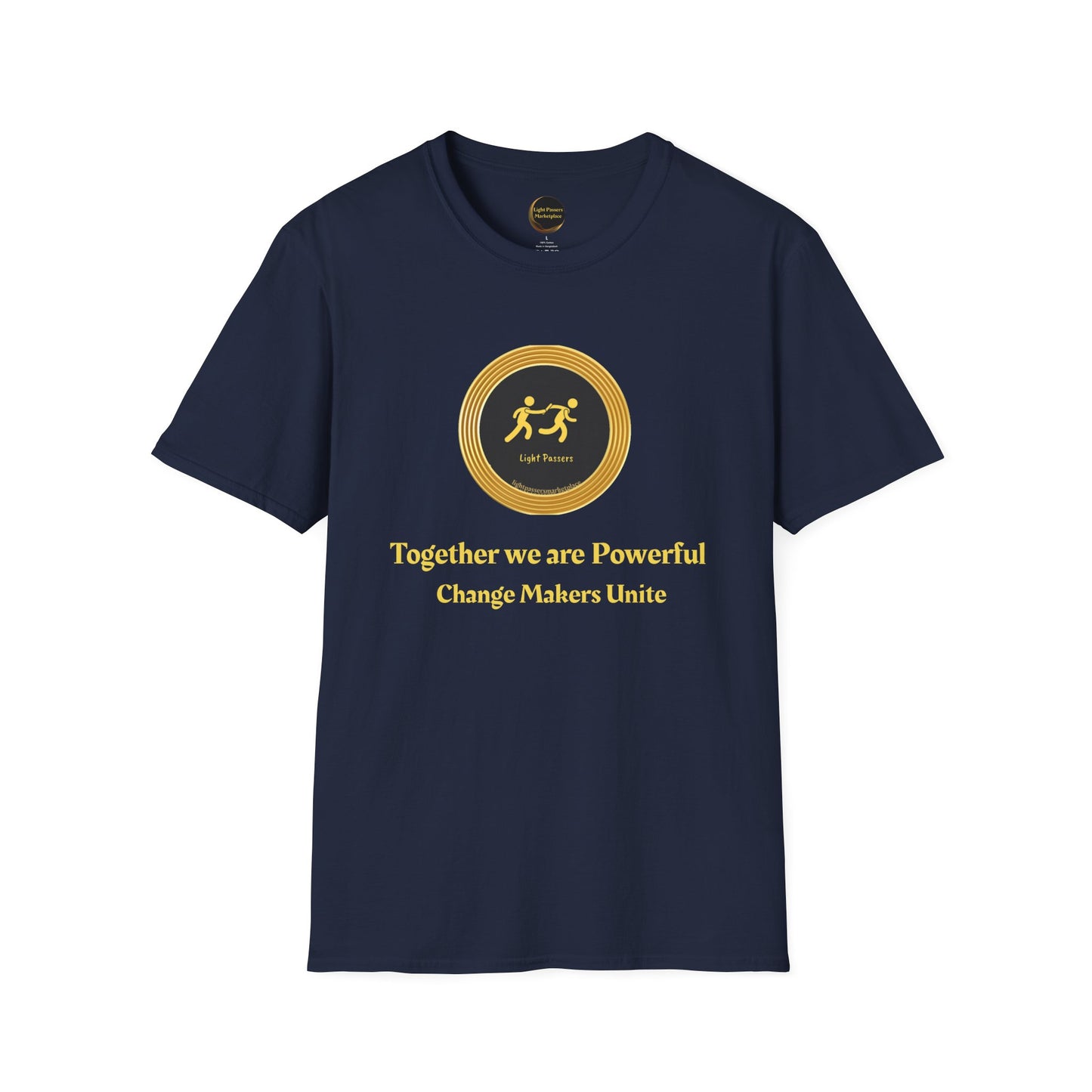 Empowerment Tee - Change Makers Unite Light Passers Team Adult Unisex T-Shirt with gold emblem and message promoting unity and empowerment, featuring two stylized figures.