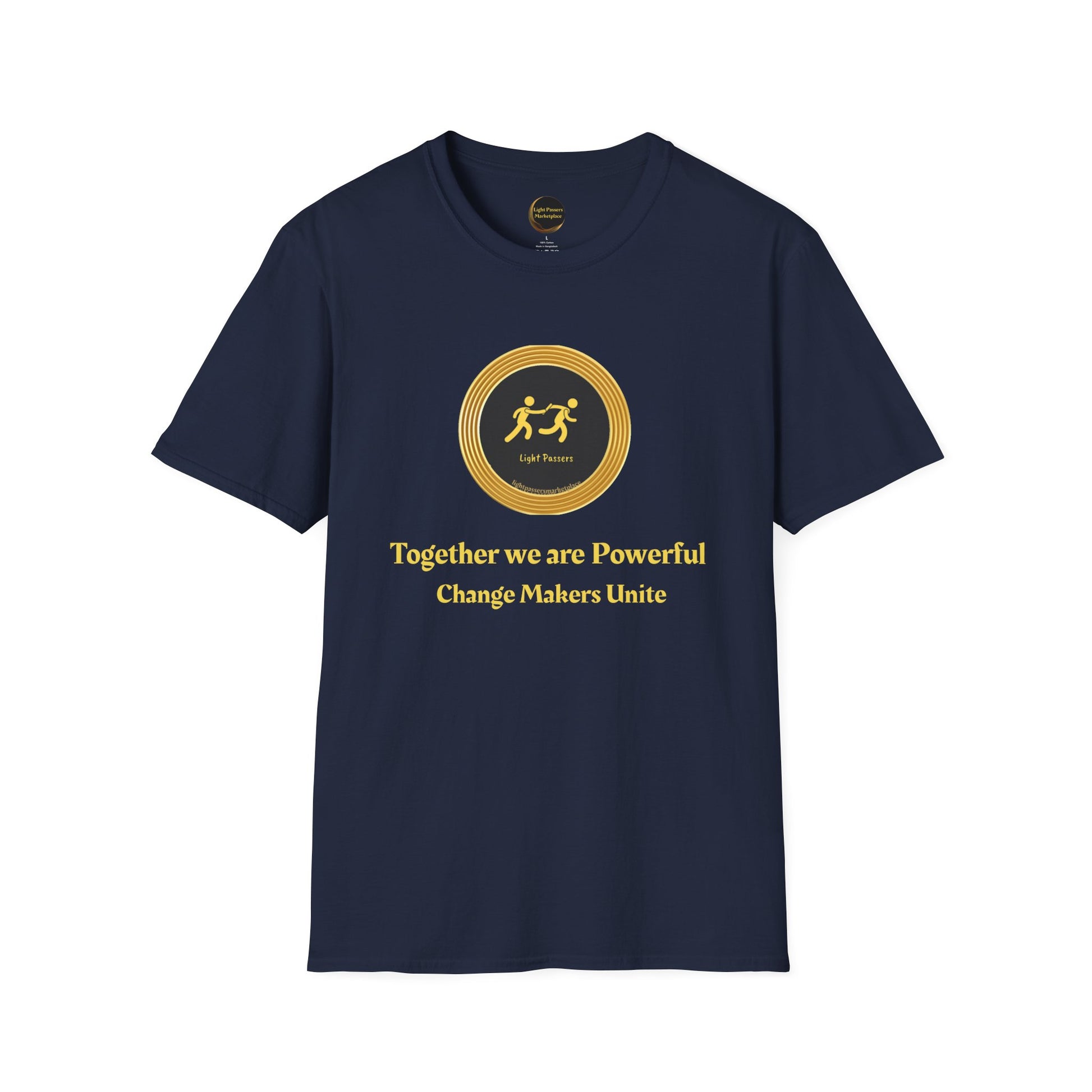 Empowerment Tee - Change Makers Unite Light Passers Team Adult Unisex T-Shirt with gold emblem and message promoting unity and empowerment, featuring two stylized figures.