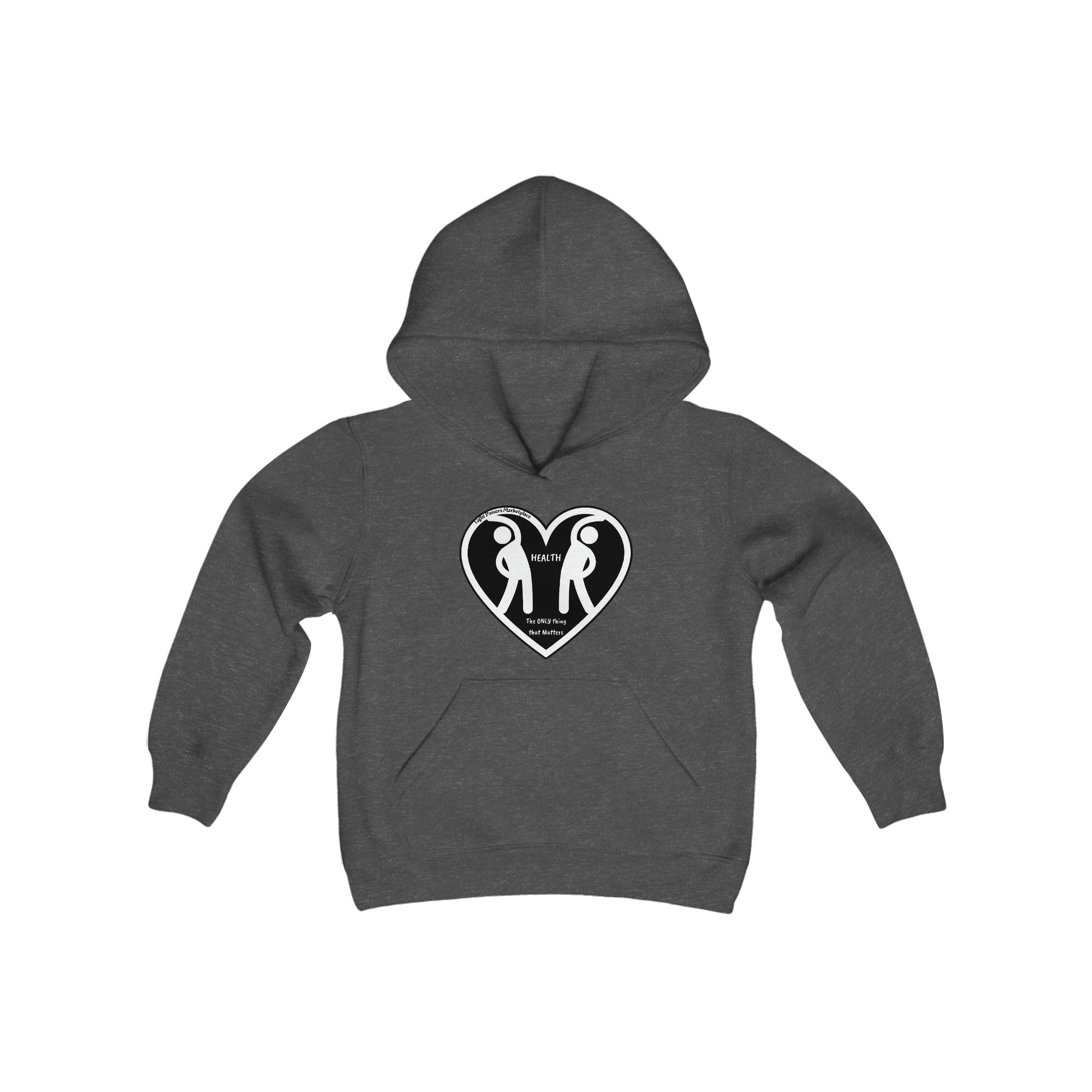 A grey hoodie featuring a heart and two people, with a kangaroo pocket, twill taping, and soft fleece fabric. Ideal for printing, 50% cotton, 50% polyester blend.