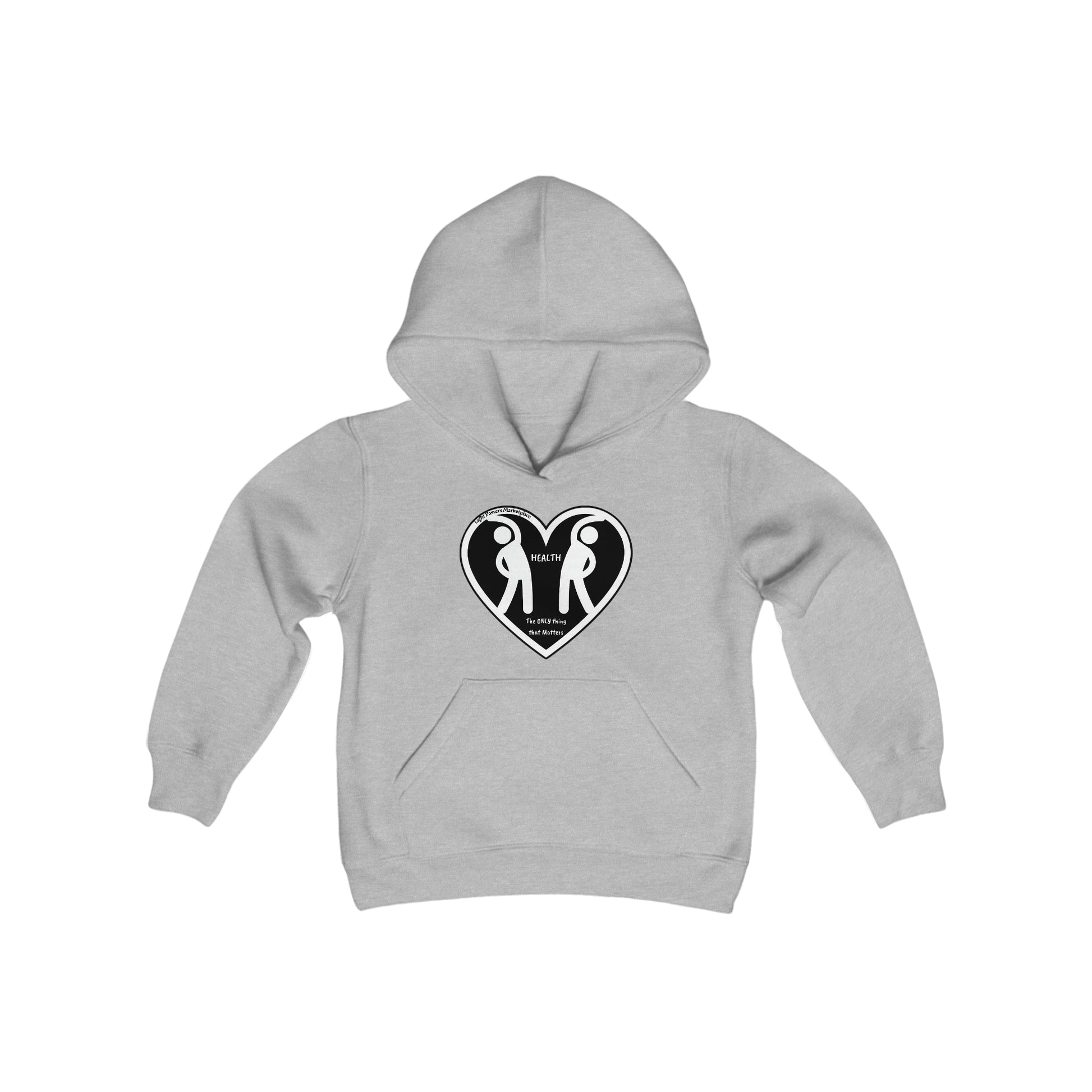 A grey hoodie featuring a heart and two people, made of soft, preshrunk fleece with a kangaroo pocket. 50% cotton, 50% polyester blend for print quality.