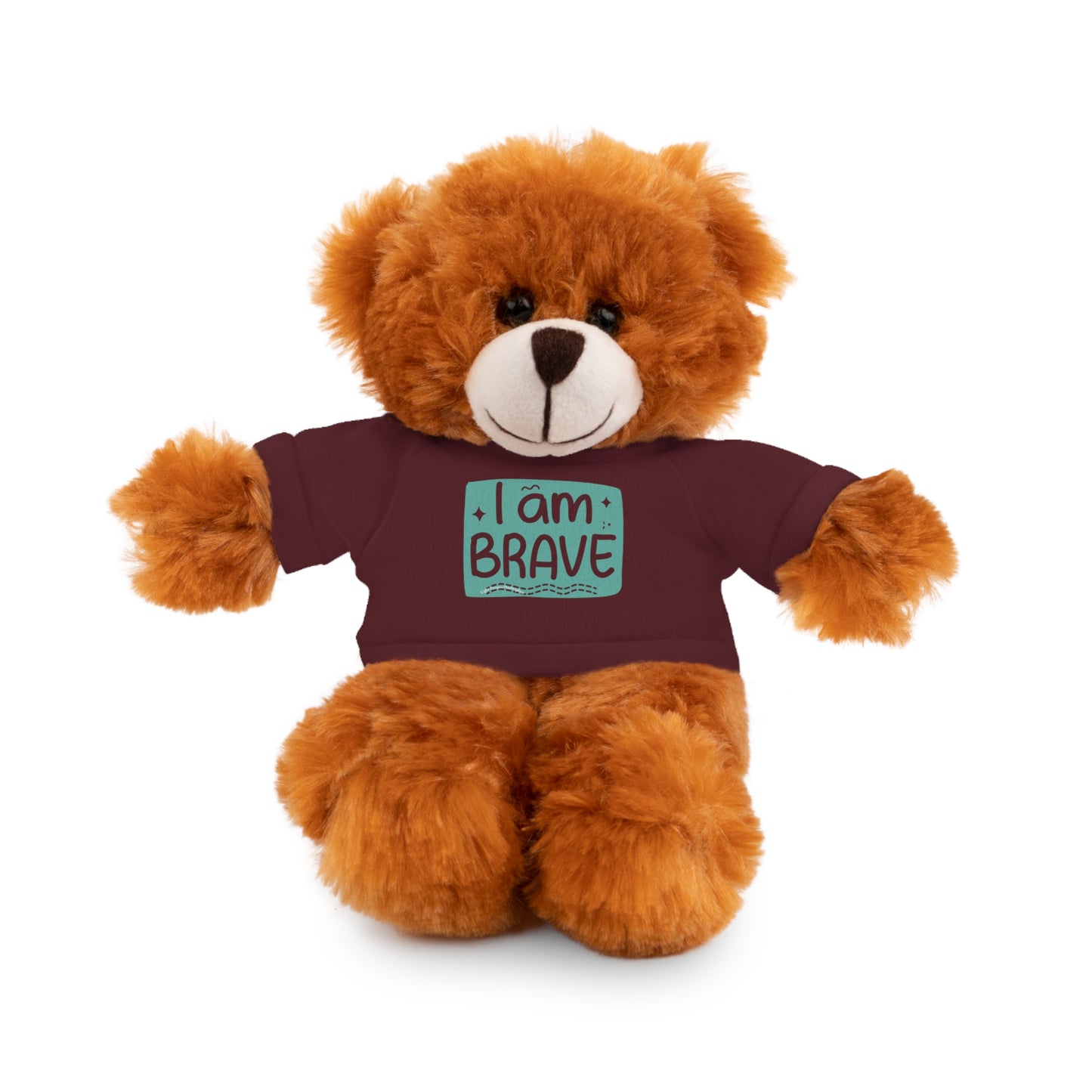 Stuffed bear with a customizable shirt, part of Cool Stuff Stuffies collection, featuring I am Brave message. Compact, plush, perfect for gifting.