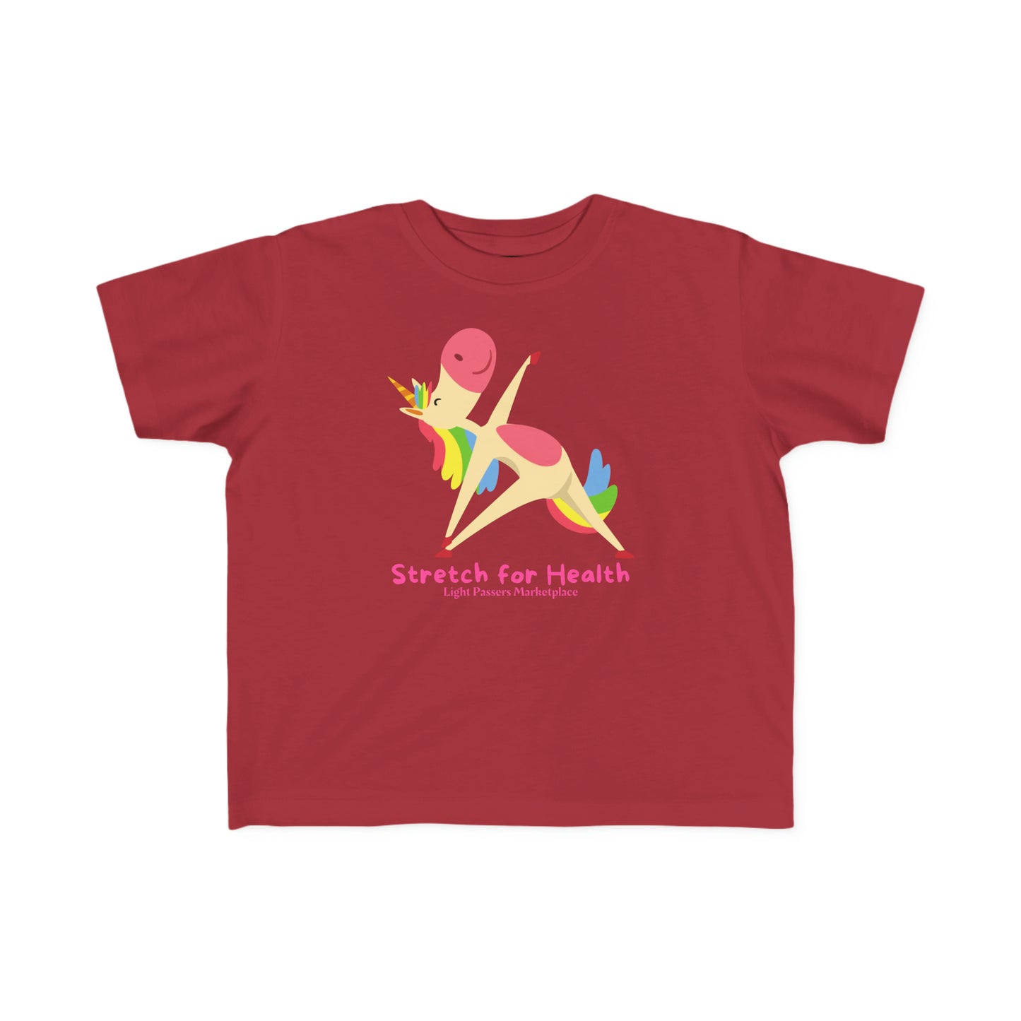 A red toddler t-shirt featuring a cartoon unicorn stretching, ideal for sensitive skin. Made of 100% combed, ring-spun cotton, with a durable print and tear-away label.