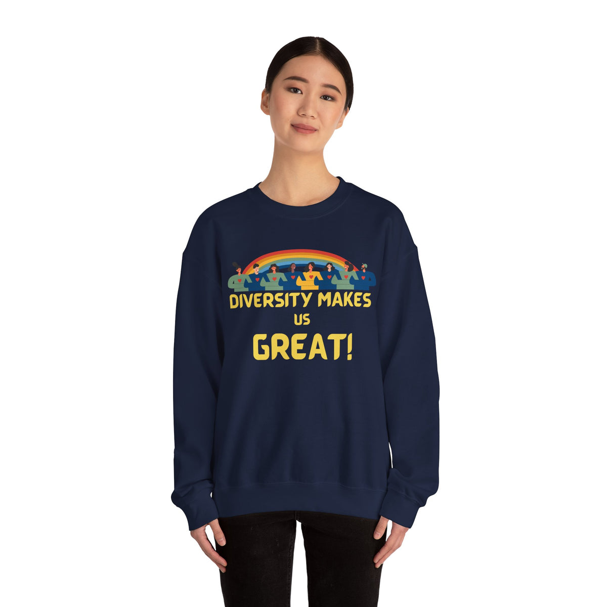Diversity Makes Us Great Adult Unisex Crew Neck Sweatshirt — Inclusive Rainbow Crewneck Yellow or Black Letters