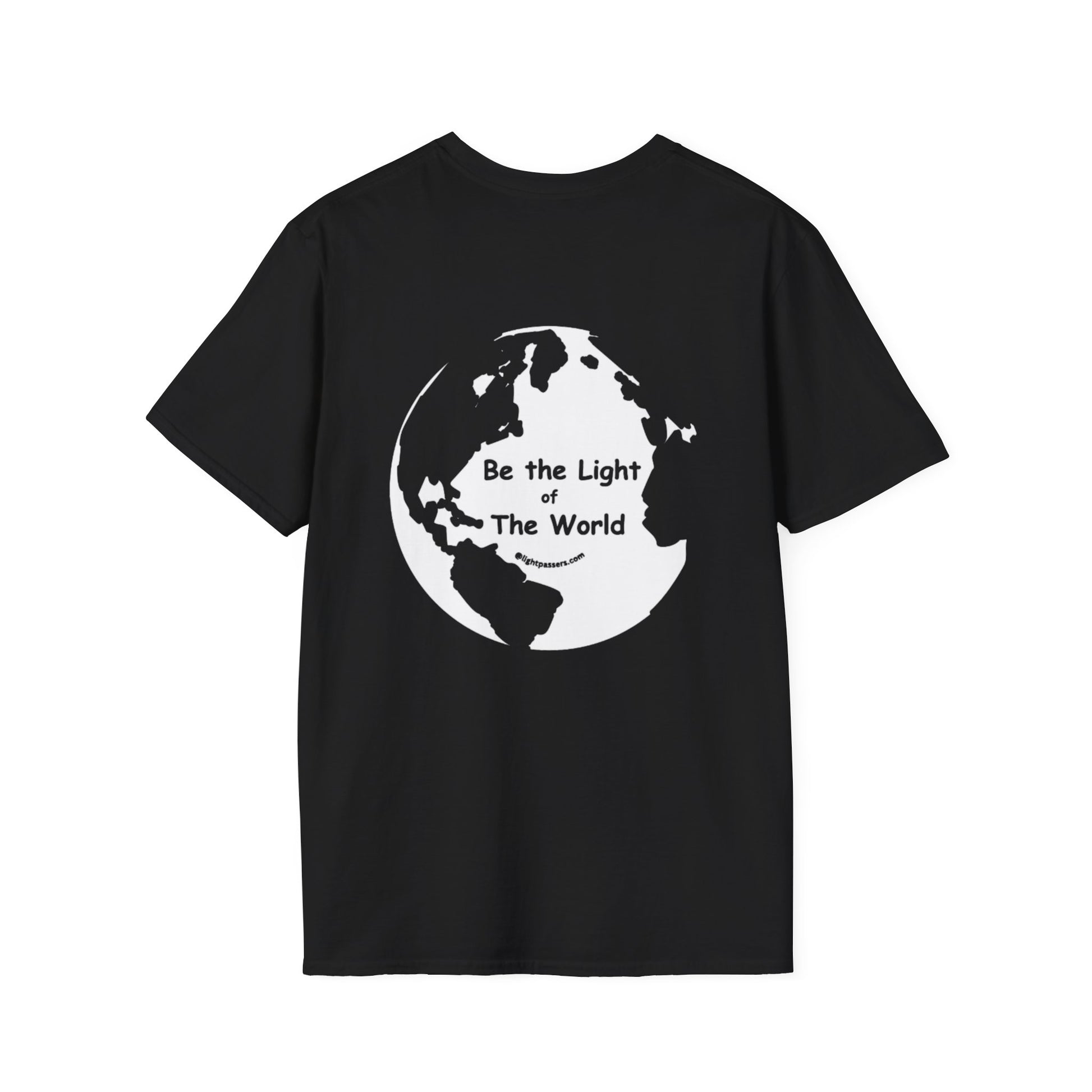 A black unisex tee with a white design featuring a globe and text, embodying the Be The Light of the World theme. Classic fit, 100% cotton, tear-away label for comfort.