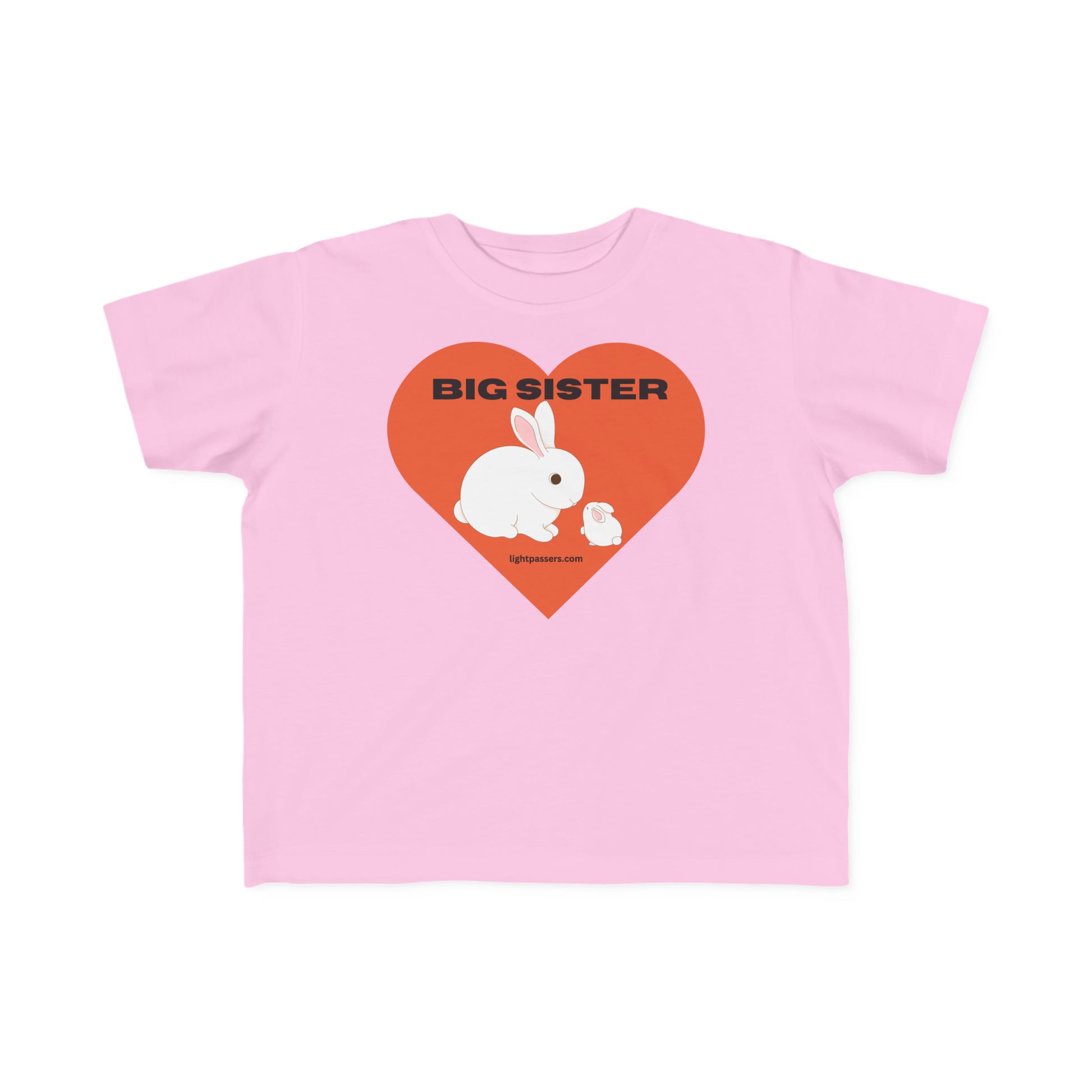 A pink toddler t-shirt featuring a rabbit and heart design. Made of soft, durable cotton with a high-quality print, perfect for sensitive skin. Classic fit, tear-away label, and true to size.