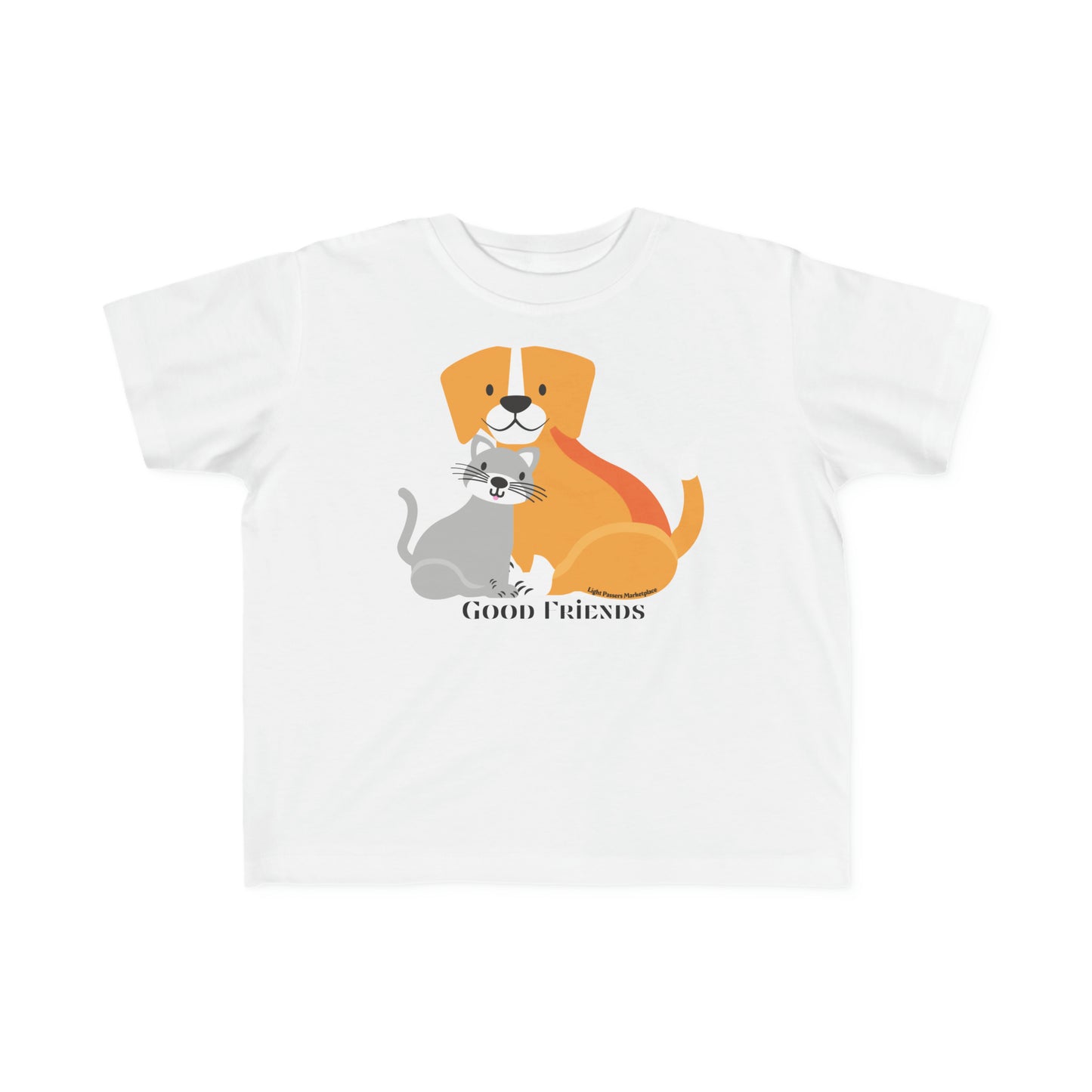 A toddler's white tee featuring cartoon cat and dog friends. Soft, durable 100% combed cotton, light fabric, classic fit, tear-away label, true to size.