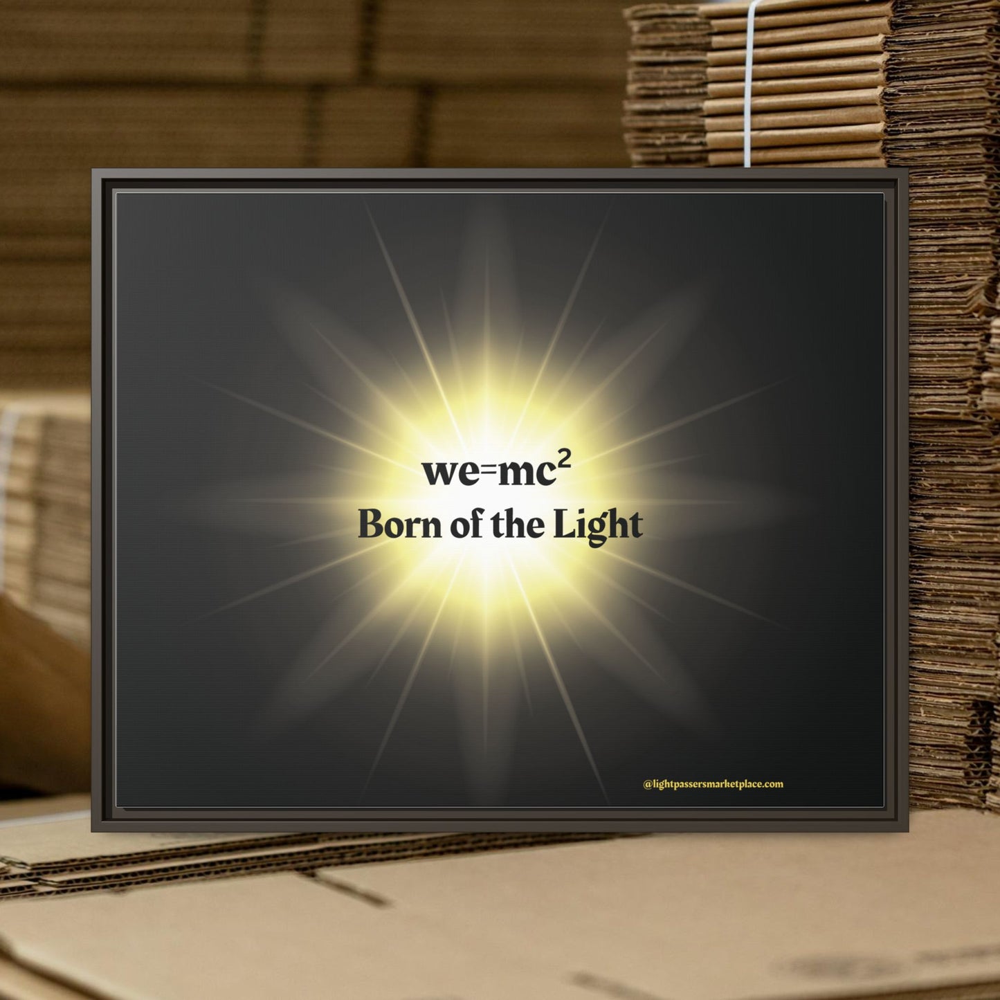Inspirational Framed Canvas Art - we=mc² Born of the Light, showcasing a black frame with vibrant artwork, perfect for uplifting home or office spaces.