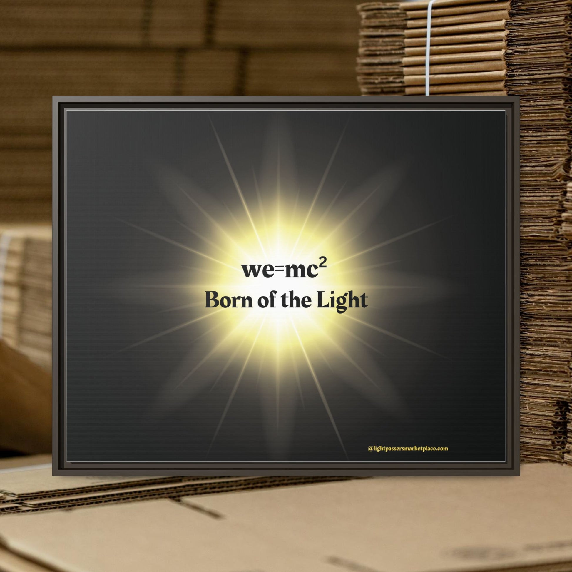 Inspirational Framed Canvas Art - we=mc² Born of the Light, showcasing a black frame with vibrant artwork, perfect for uplifting home or office spaces.