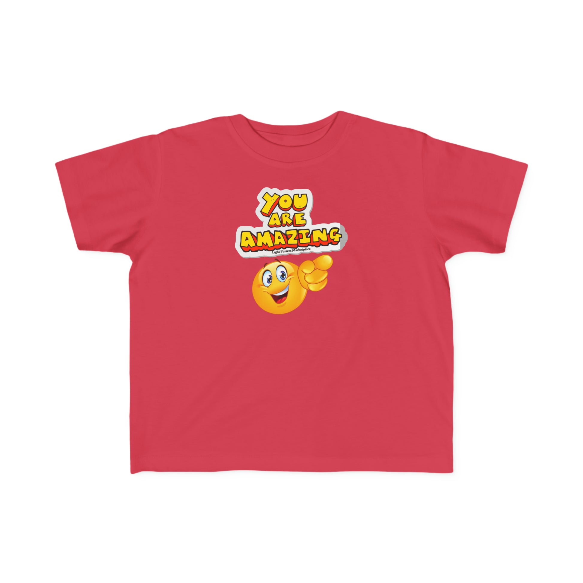 A red toddler tee featuring an You are Amazing emoji pointing design. Made of soft, 100% combed cotton with a durable print, perfect for sensitive skin. Classic fit, tear-away label, true to size.