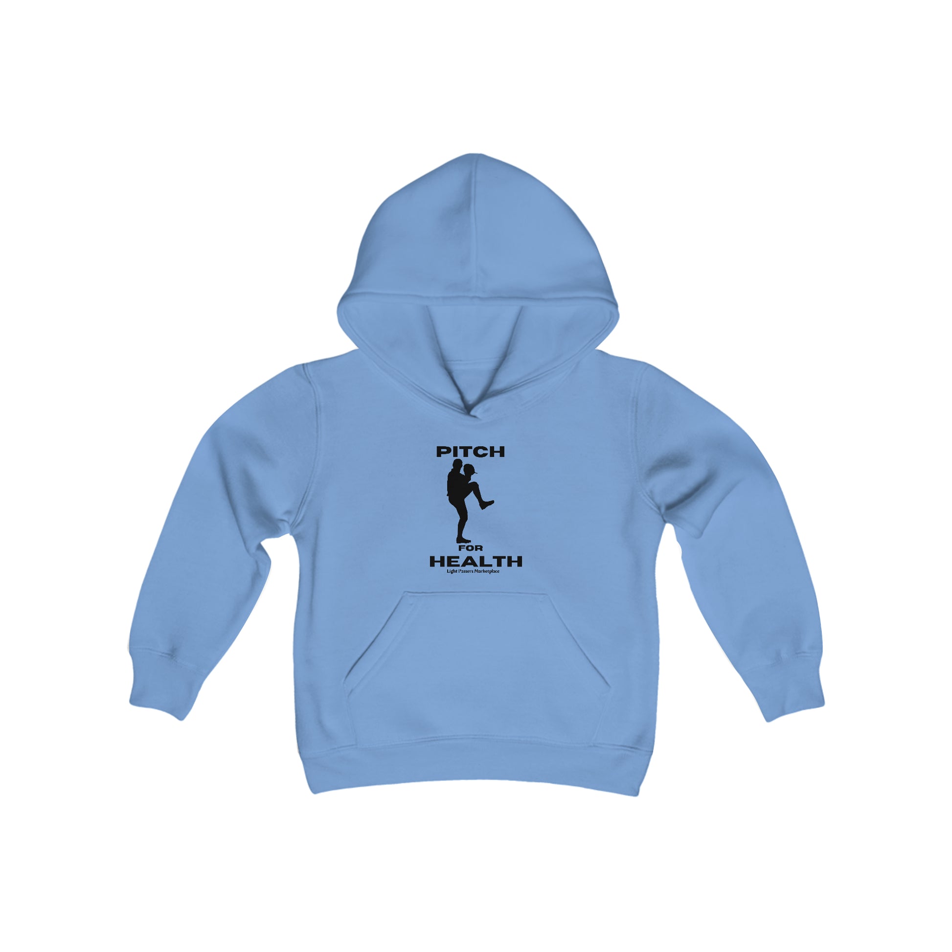 A blue youth blend hooded sweatshirt featuring a baseball player silhouette, kangaroo pocket, and reinforced neck. Made of soft, preshrunk fleece for comfort and durability.