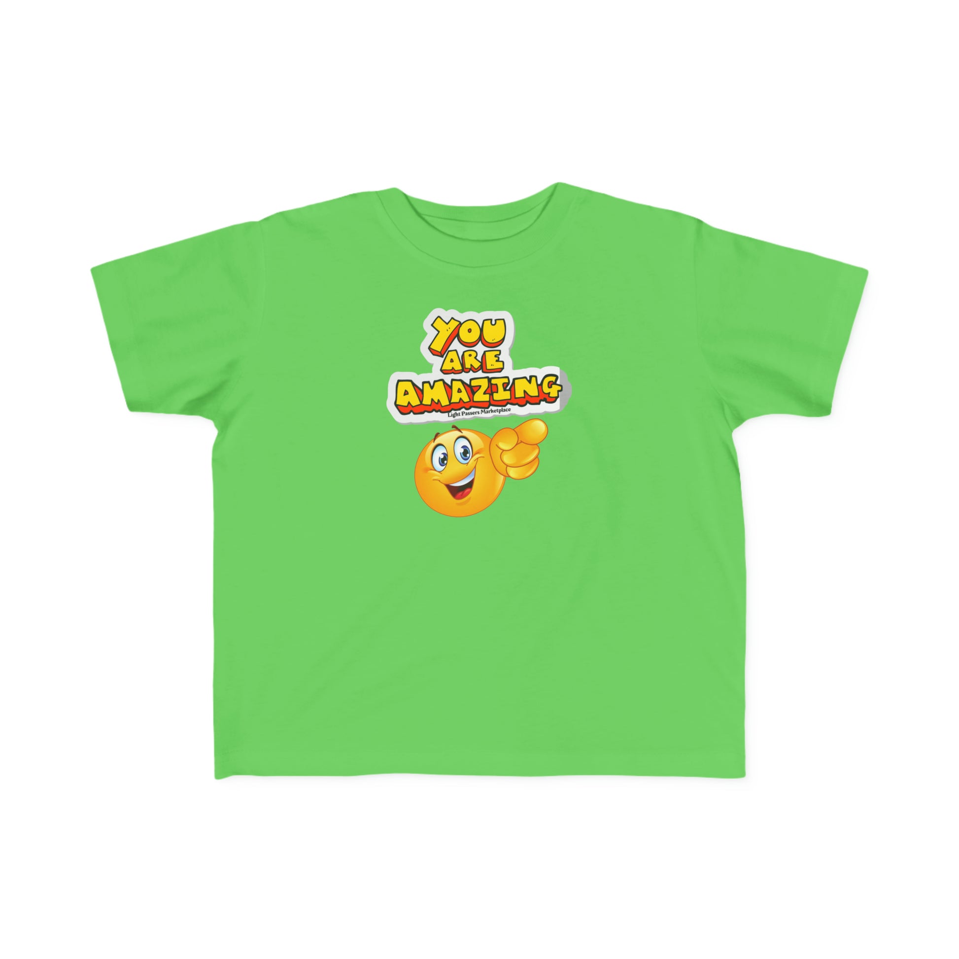 A toddler tee featuring an You are Amazing emoji pointing design. Made of 100% combed, ring-spun cotton, light fabric, with a durable print. Classic fit, tear-away label, true to size.