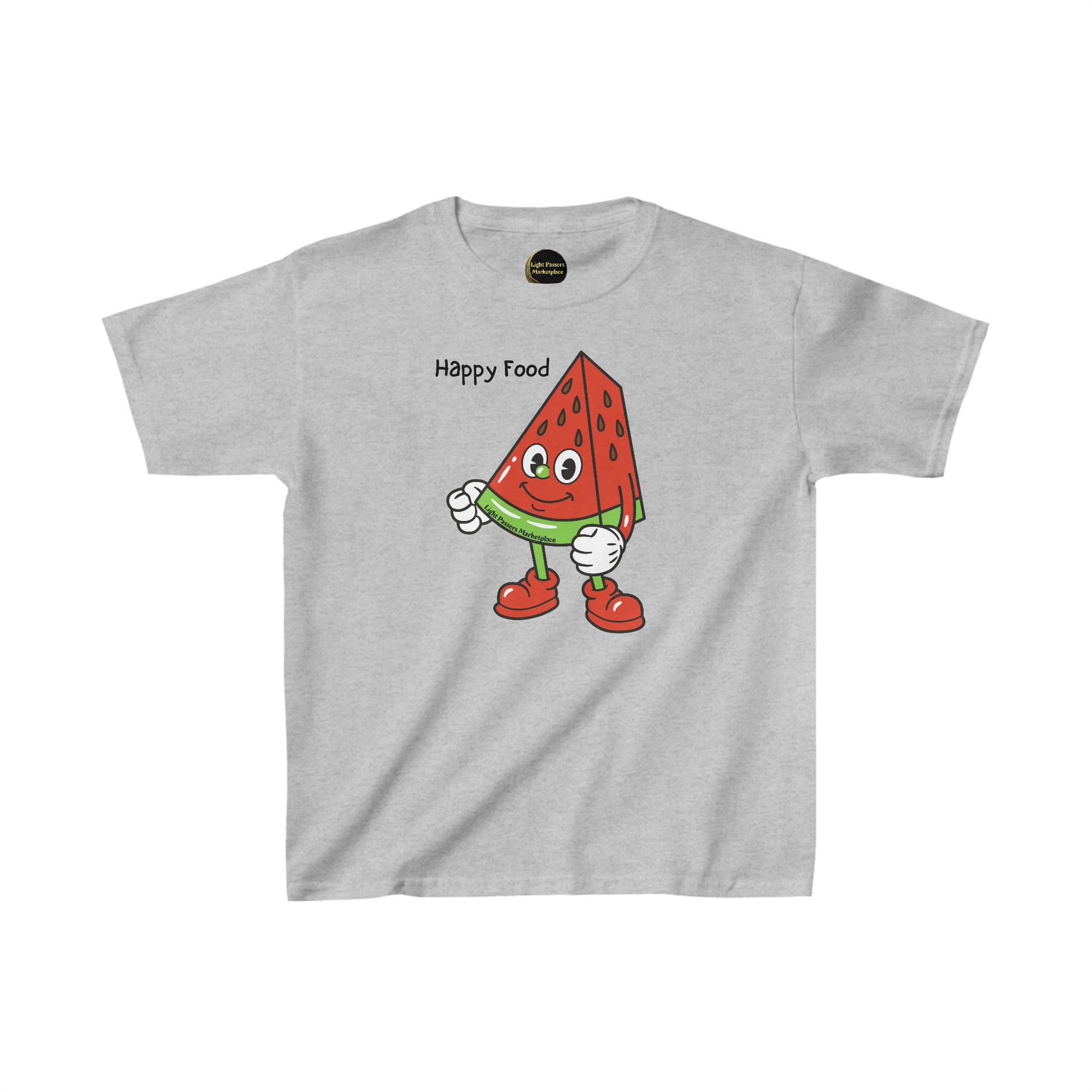Youth t-shirt featuring a cartoon watermelon character, made of 100% cotton for comfort and durability. Crew neckline, tear-away labels, and ethically sourced US cotton.