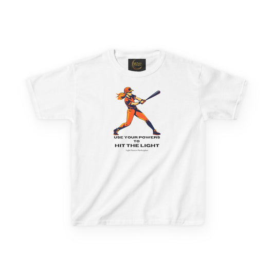 Youth T-shirt featuring a softball player illustration with the slogan “USE YOUR POWERS TO HIT THE LIGHT,” promoting empowerment from Light Passers Marketplace.