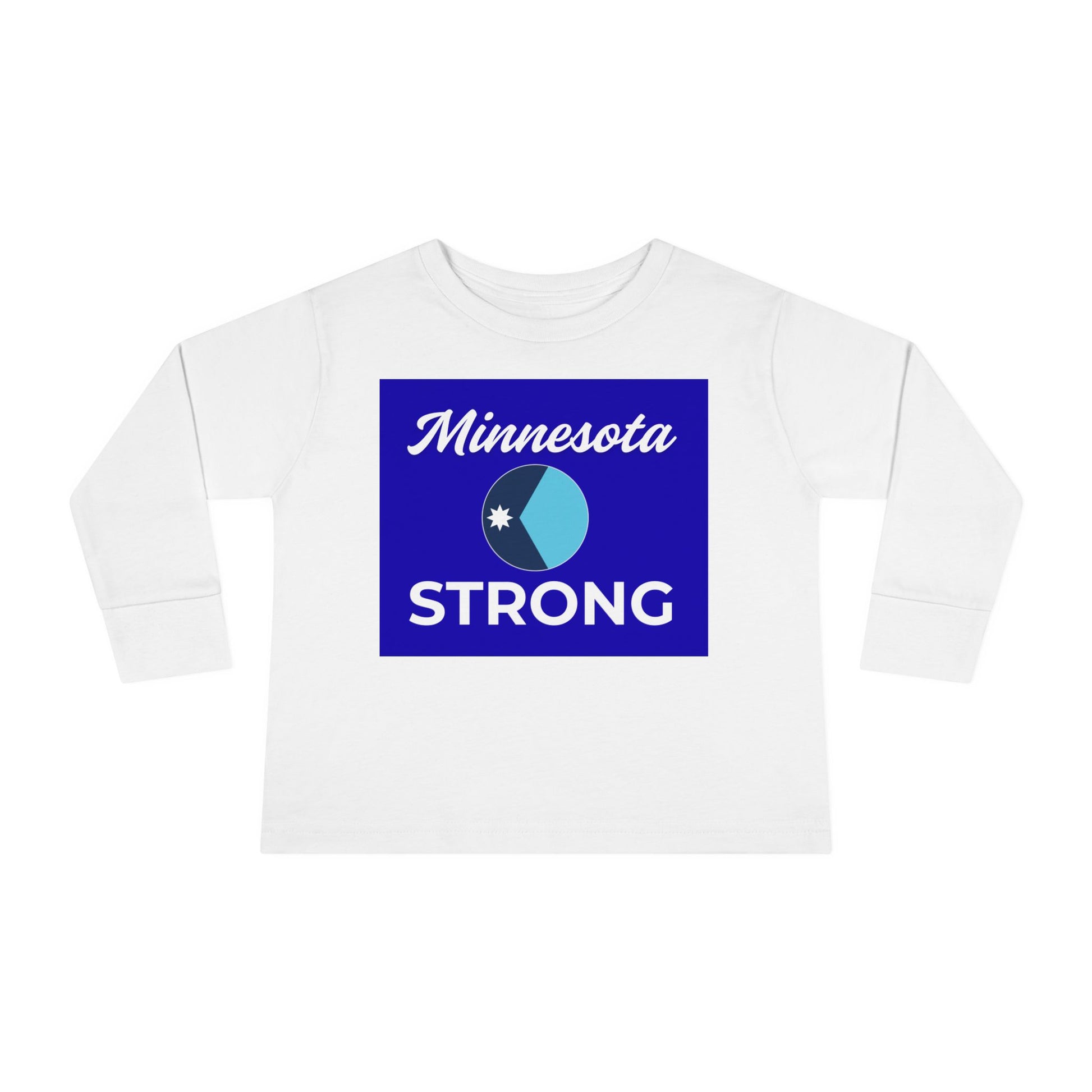Toddler's white long-sleeve tee with Minnesota Strong graphic, featuring script and block letters, promoting community pride. Available in sizes 2T-6T.