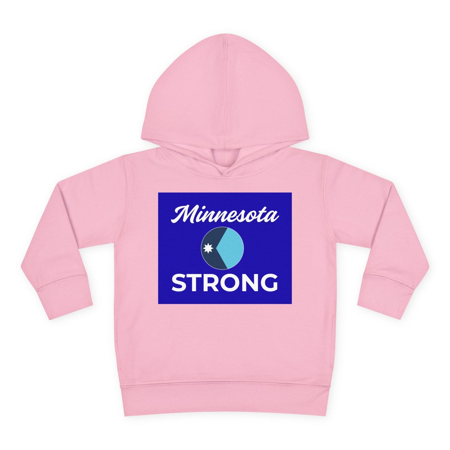Toddler hoodie with Minnesota Strong graphic, navy emblem, white star, and script text, offering warmth and comfort for active children.