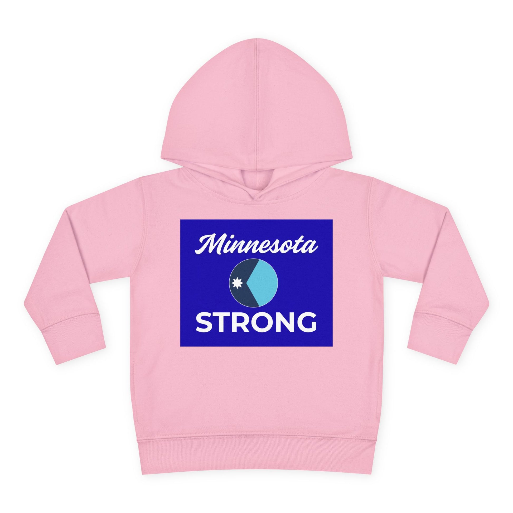 Toddler hoodie with Minnesota Strong graphic, navy emblem, white star, and script text, offering warmth and comfort for active children.