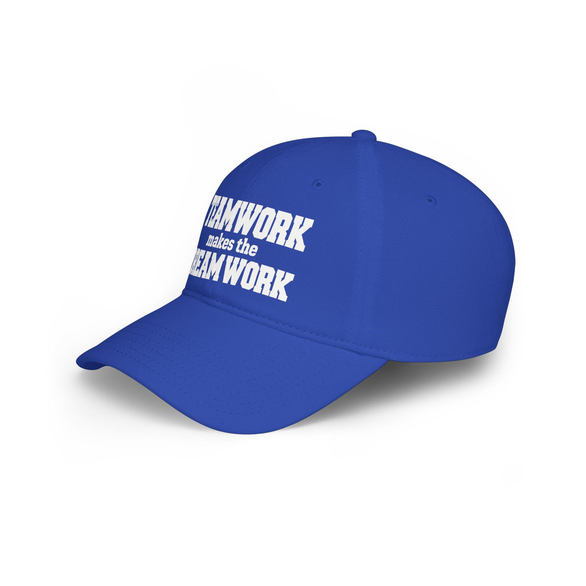 Blue baseball cap with white 'TEAMWORK makes the DREAMWORK' front text