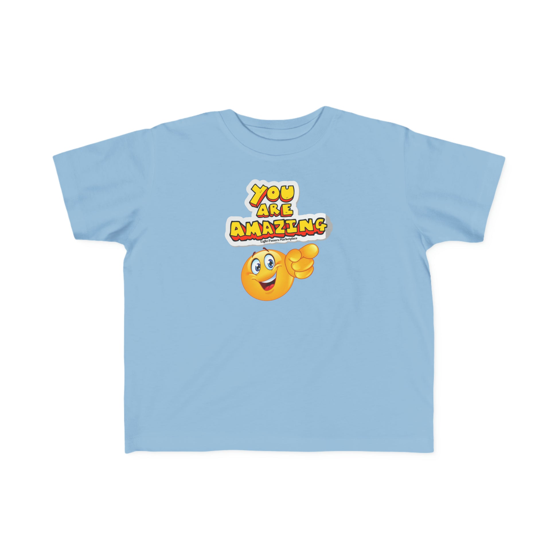 A blue toddler tee featuring an You are Amazing emoji pointing design, with a cartoon face and a durable print. Made of 100% combed cotton, light fabric, tear-away label, and a classic fit.