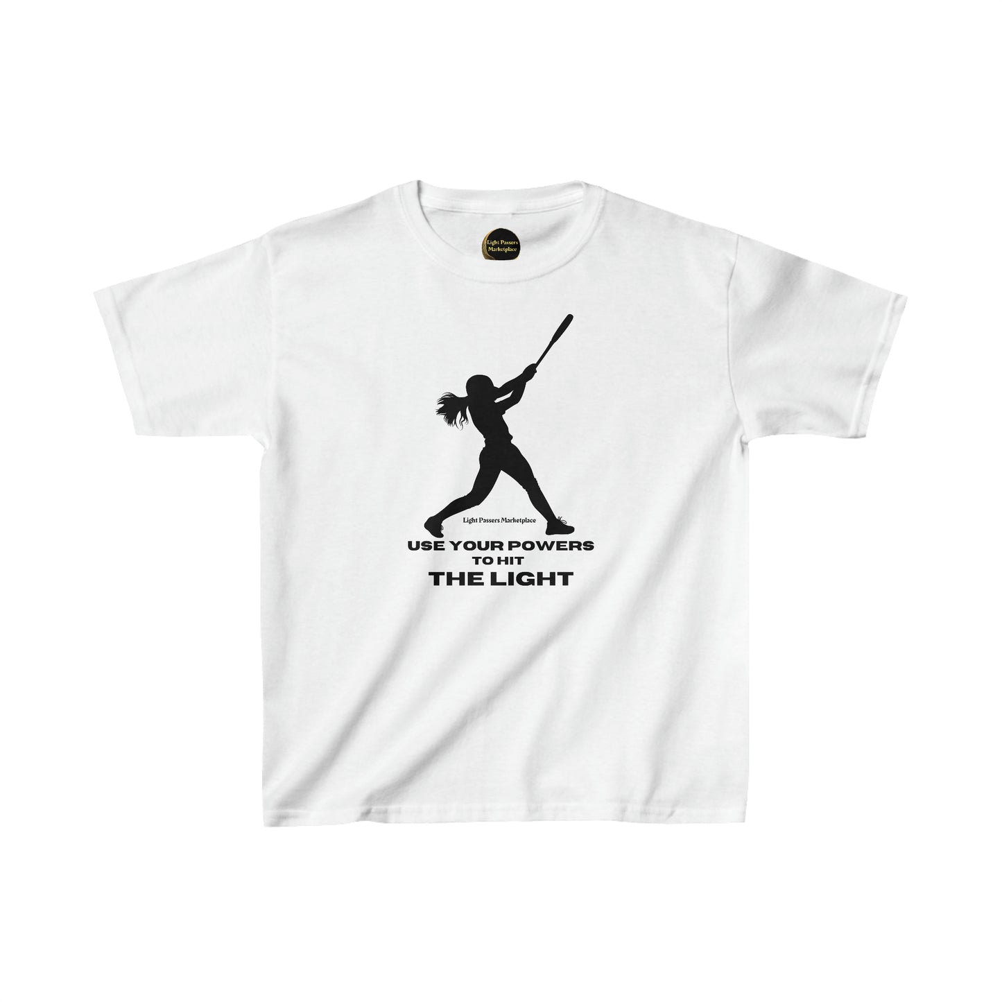 Youth white t-shirt featuring a graphic of a girl swinging a bat. Made of 100% cotton, with twill tape shoulders for durability. Classic fit, tear-away labels, ethically sourced US cotton.