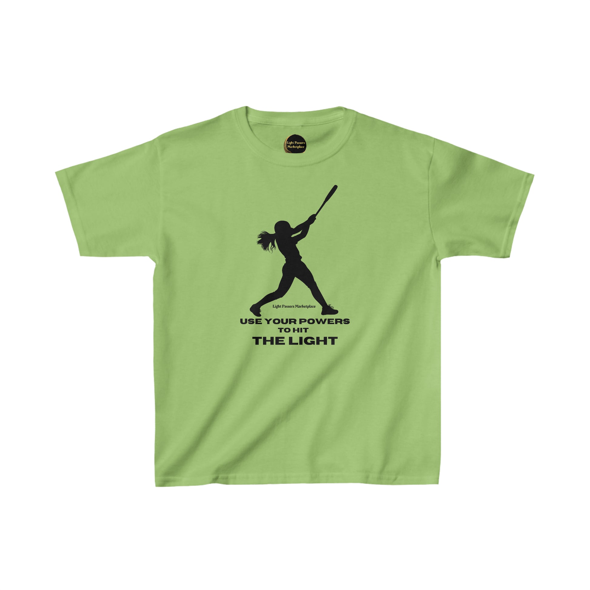 A green youth t-shirt featuring a silhouette of a girl swinging a bat. Made of 100% cotton for comfort, with twill tape shoulders for durability and ribbed collar for curl resistance.