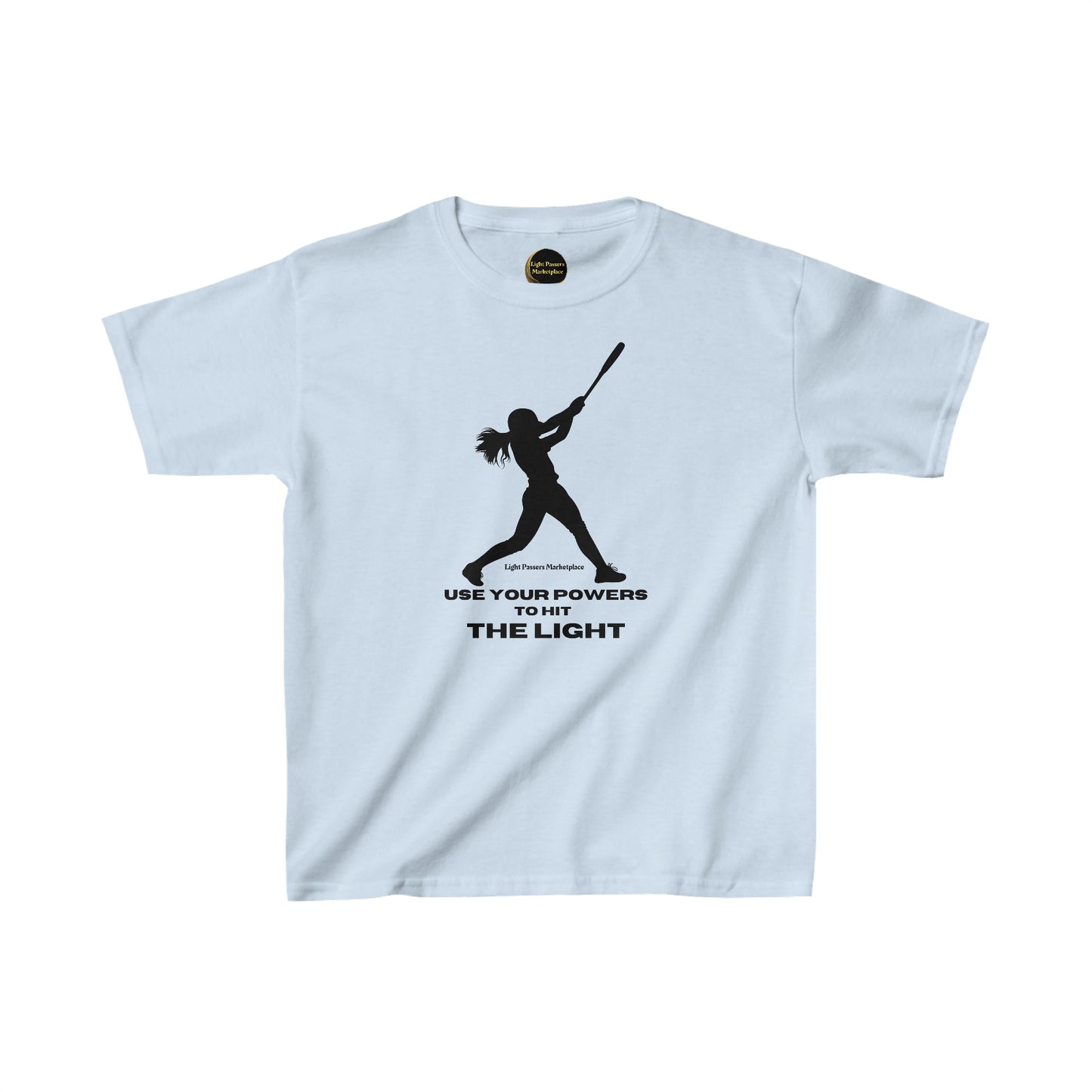 A youth t-shirt featuring a black silhouette of a girl swinging a bat. Made of 100% cotton for solid colors, with twill tape shoulders for durability and a curl-resistant collar. Ethically crafted with US cotton.