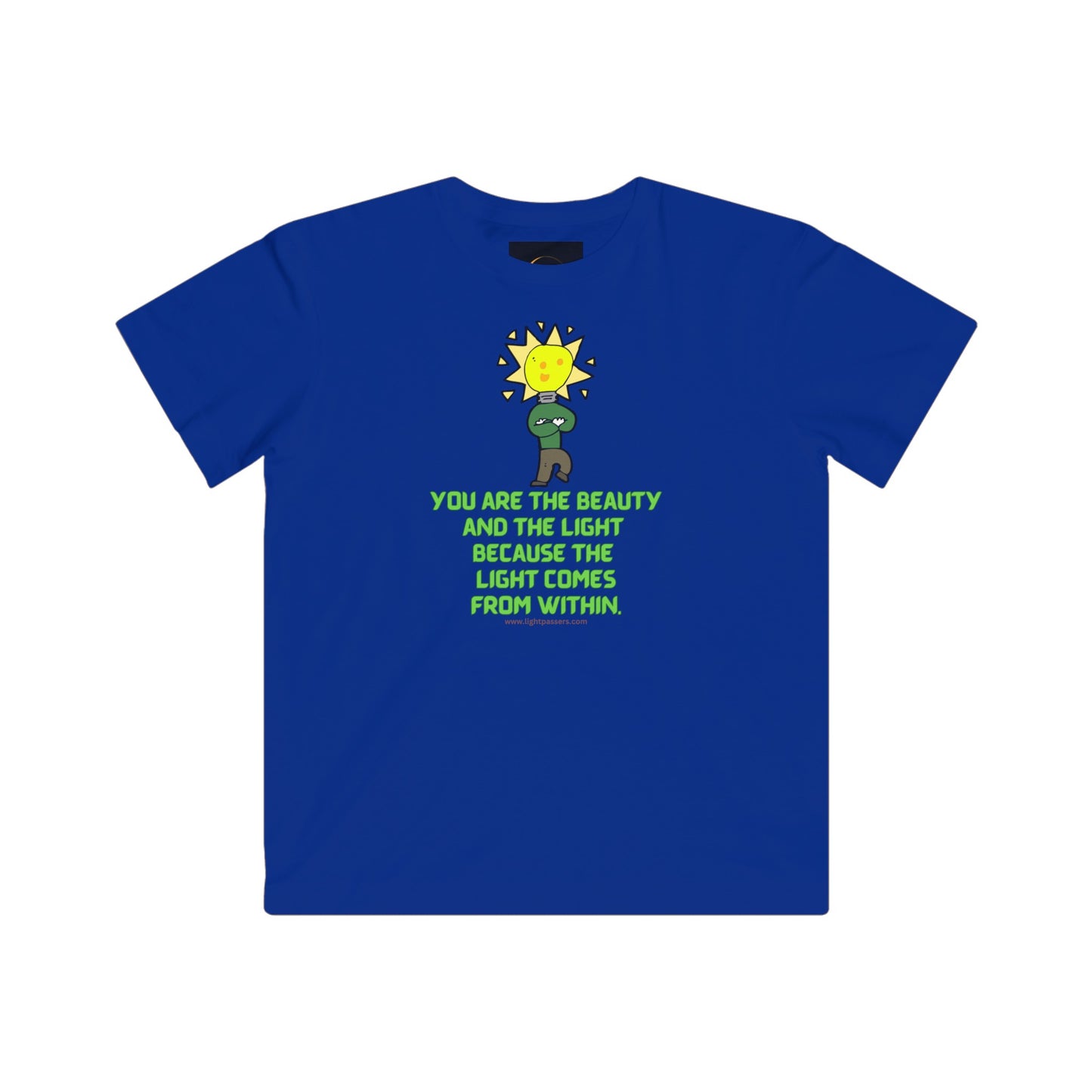 Youth T-shirt featuring a cartoon character with a light bulb head on a blue shirt. Made of soft cotton, lightweight, with a tear-away label, and a regular fit.