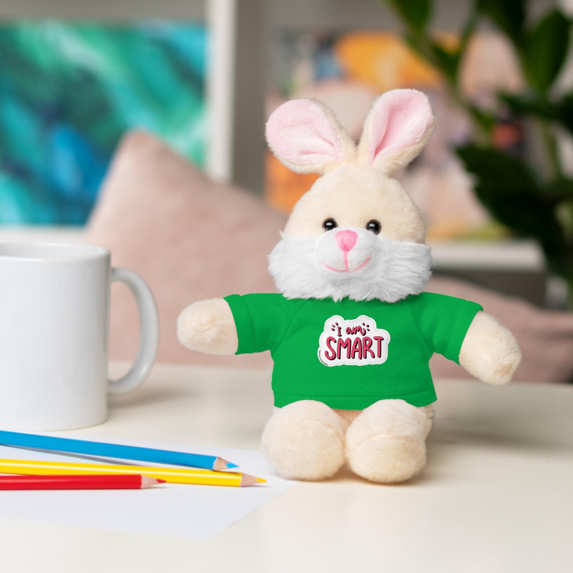 Cool Stuff Stuffies feature 6 plush animals with 'I am Smart' T-shirts, including Bear, Sheep, Bunny, Jaguar, Panda, and Lion, perfect for educational play.
