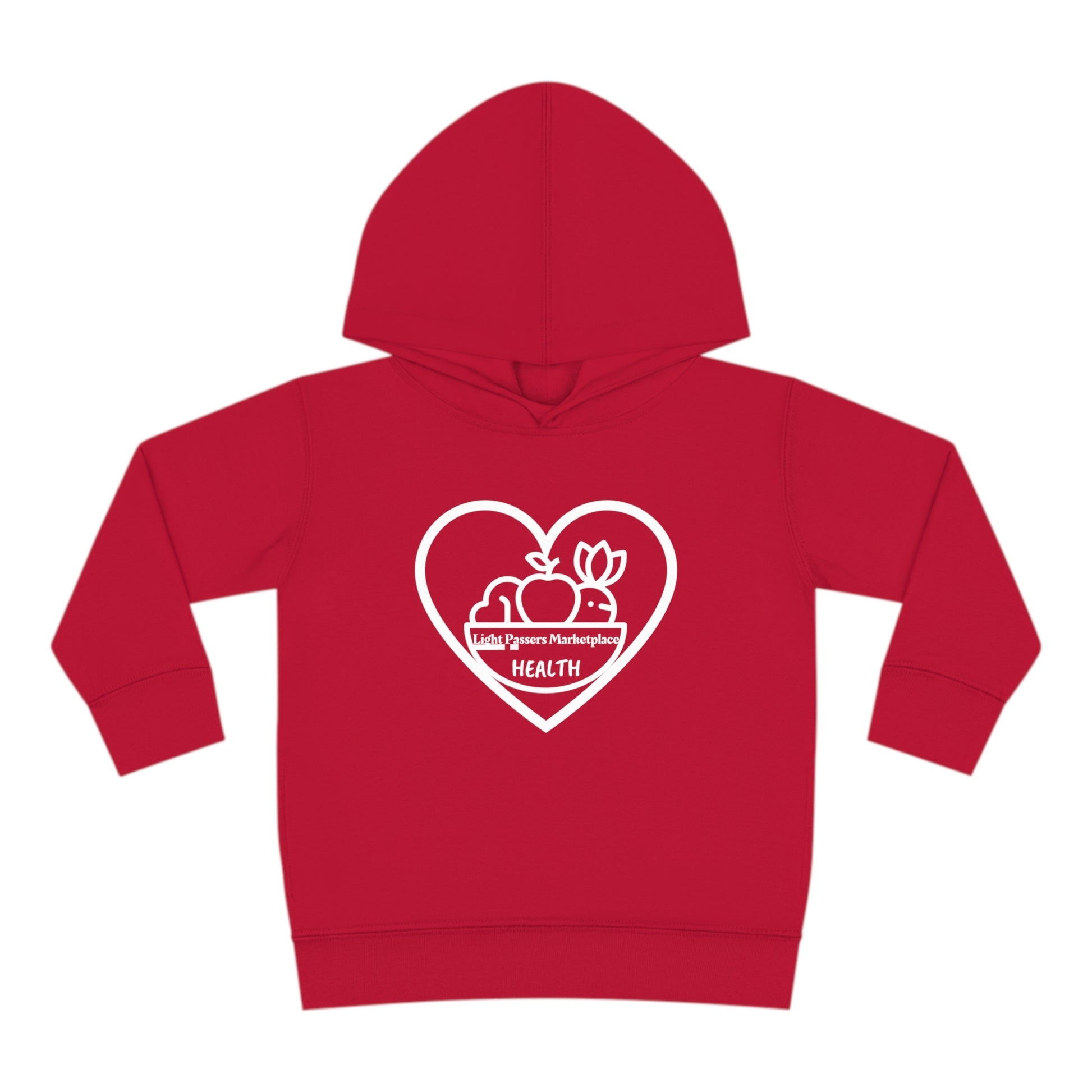 A toddler hoodie featuring a heart and apple logo design, with side seam pockets and double-needle hem hood for durability. Made of 60% cotton, 40% polyester for cozy comfort.