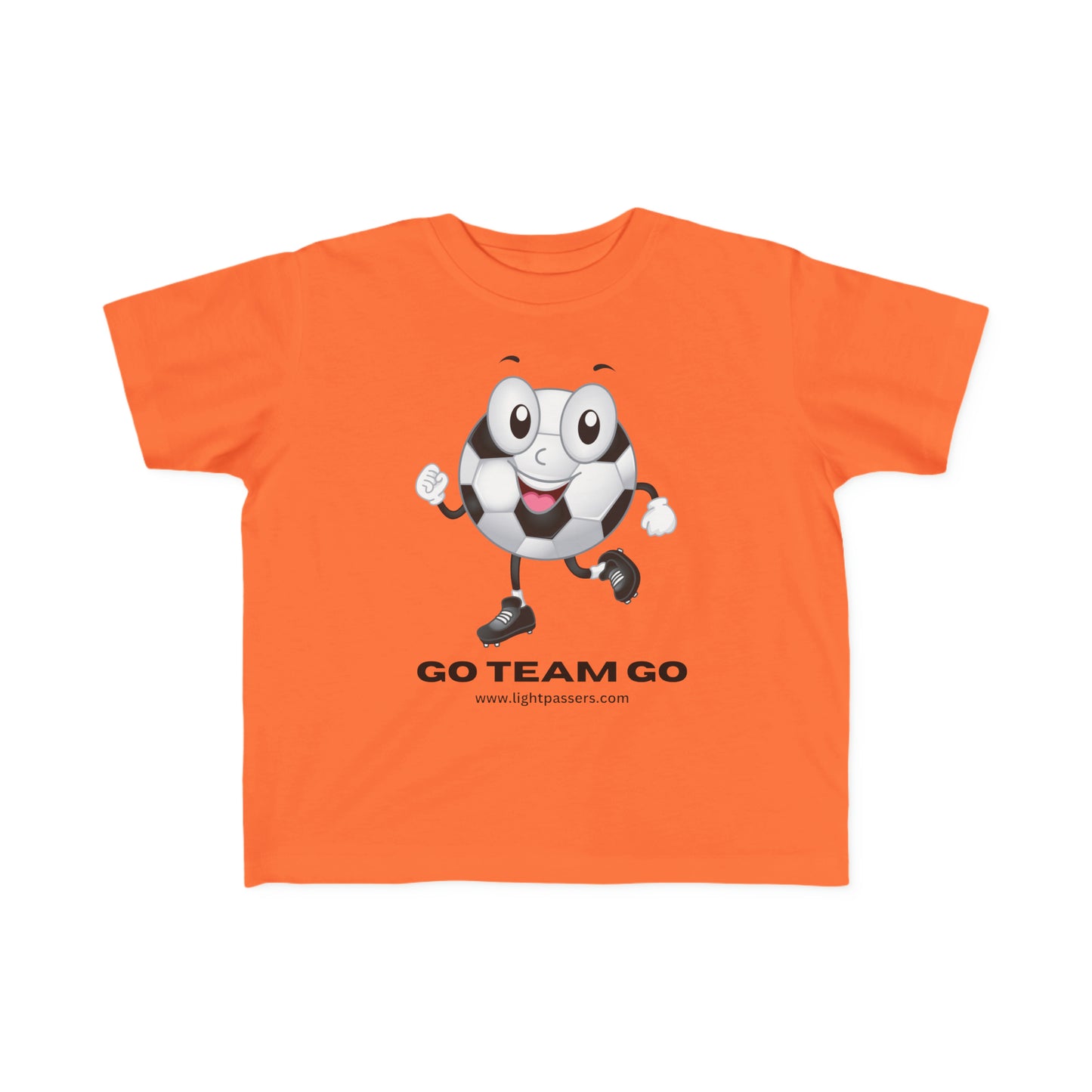 A Soccer Ball Guy Toddler T-shirt featuring a cartoon football ball with a face and legs, ideal for sensitive skin. Made of 100% combed, ring-spun cotton with a durable print.